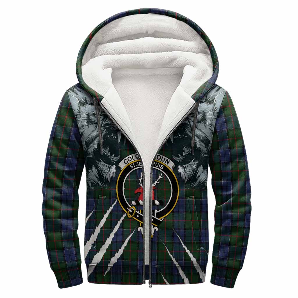 Colquhoun Tartan Crest Sherpa Hoodie Ferocious Lion Style
