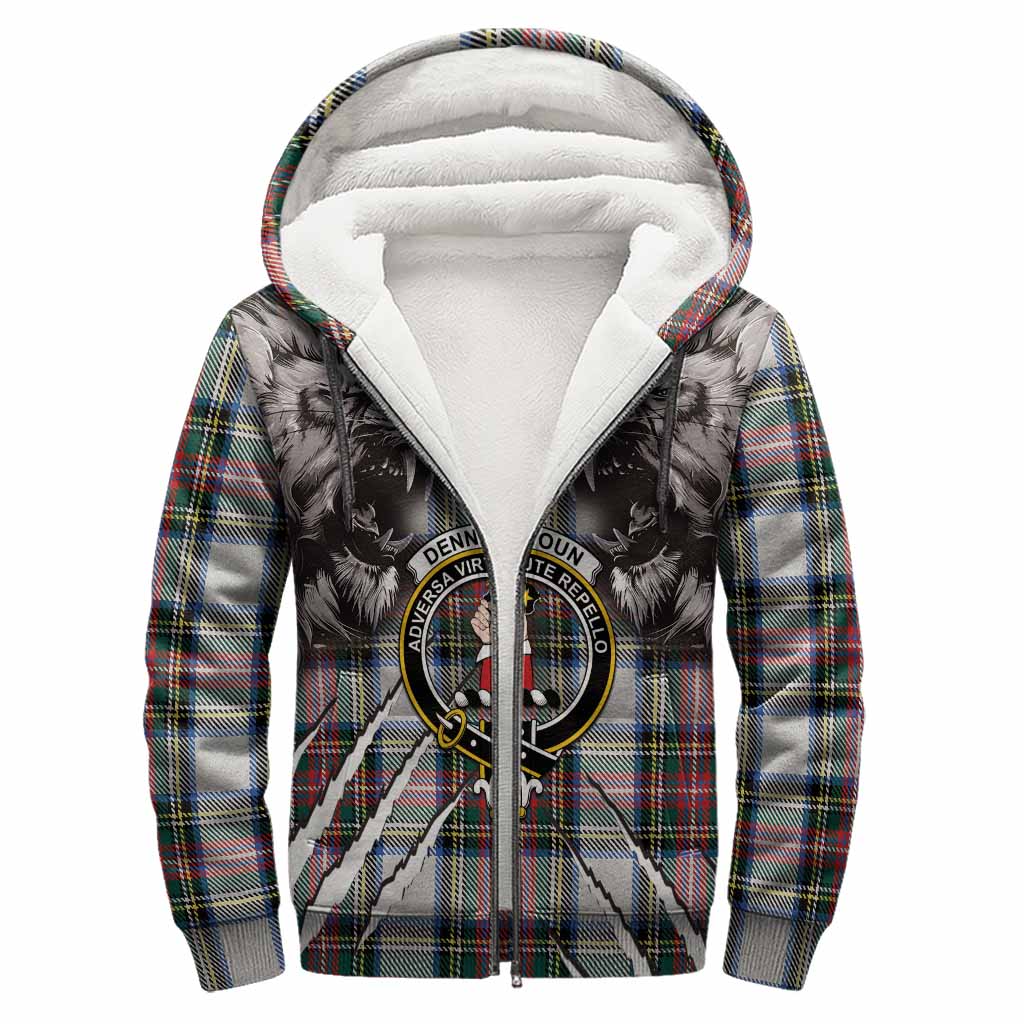 Dennistoun Tartan Crest Sherpa Hoodie Ferocious Lion Style
