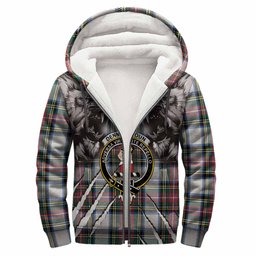 Dennistoun Tartan Crest Sherpa Hoodie Ferocious Lion Style
