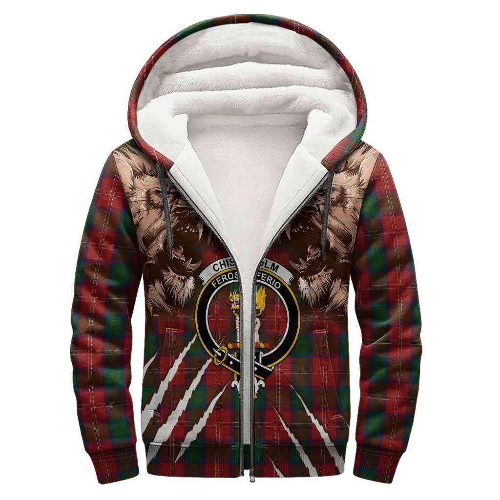 Chisholm Tartan Crest Sherpa Hoodie Ferocious Lion Style