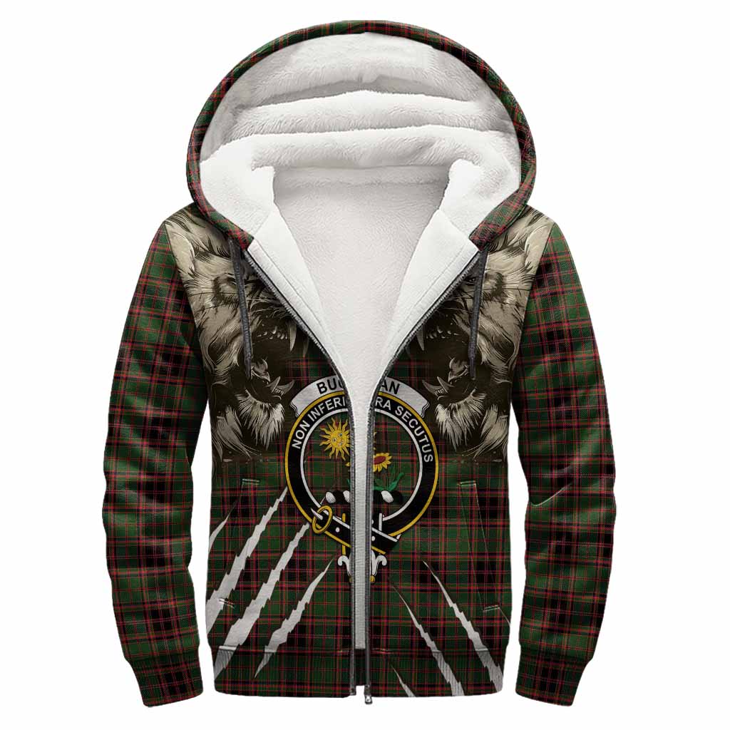 Buchan Tartan Crest Sherpa Hoodie Ferocious Lion Style
