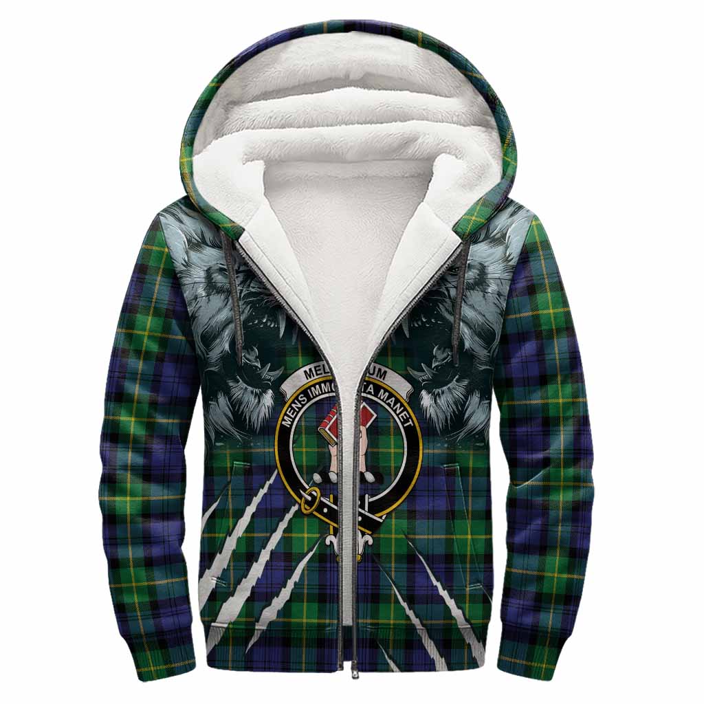 Meldrum Tartan Crest Sherpa Hoodie Ferocious Lion Style