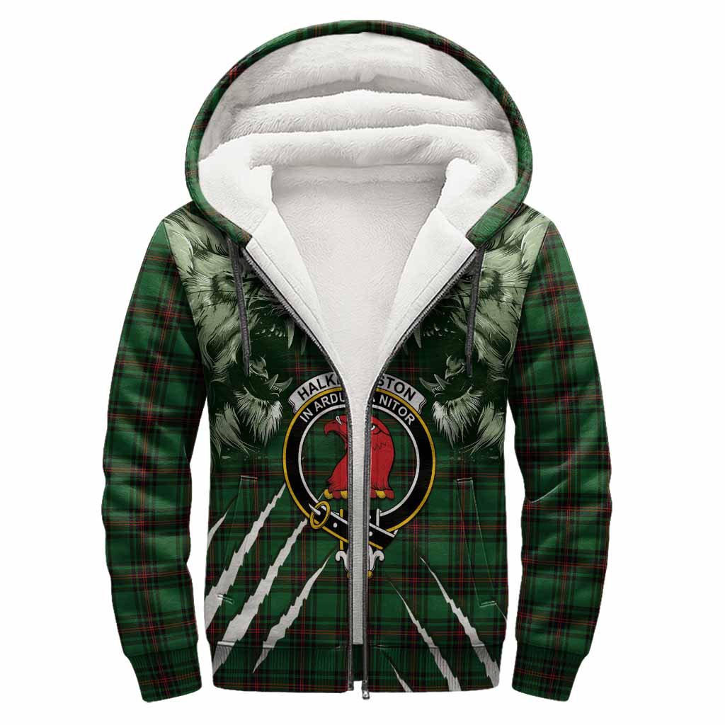 Halkerston Tartan Crest Sherpa Hoodie Ferocious Lion Style