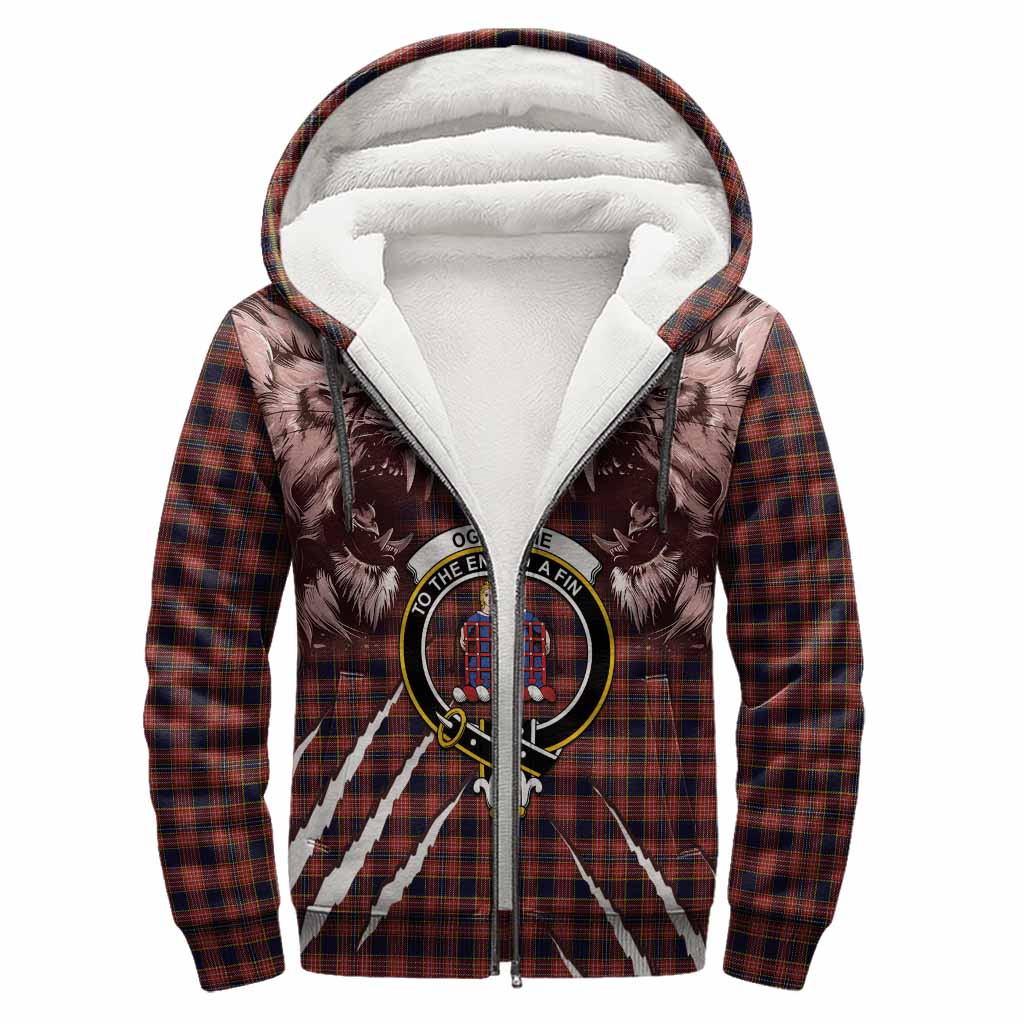 Ogilvie (Ogilvy) Tartan Crest Sherpa Hoodie Ferocious Lion Style
