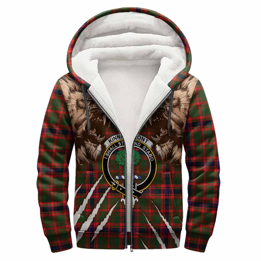 Kinninmont Tartan Crest Sherpa Hoodie Ferocious Lion Style