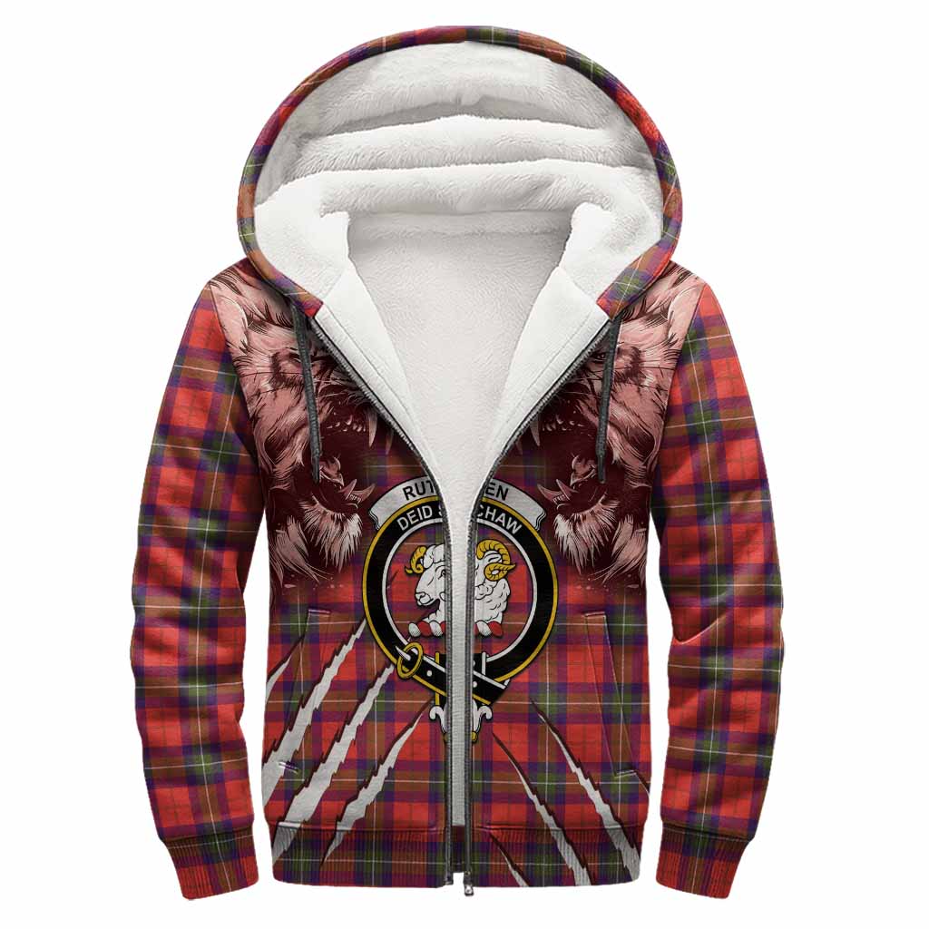 Ruthven Tartan Crest Sherpa Hoodie Ferocious Lion Style
