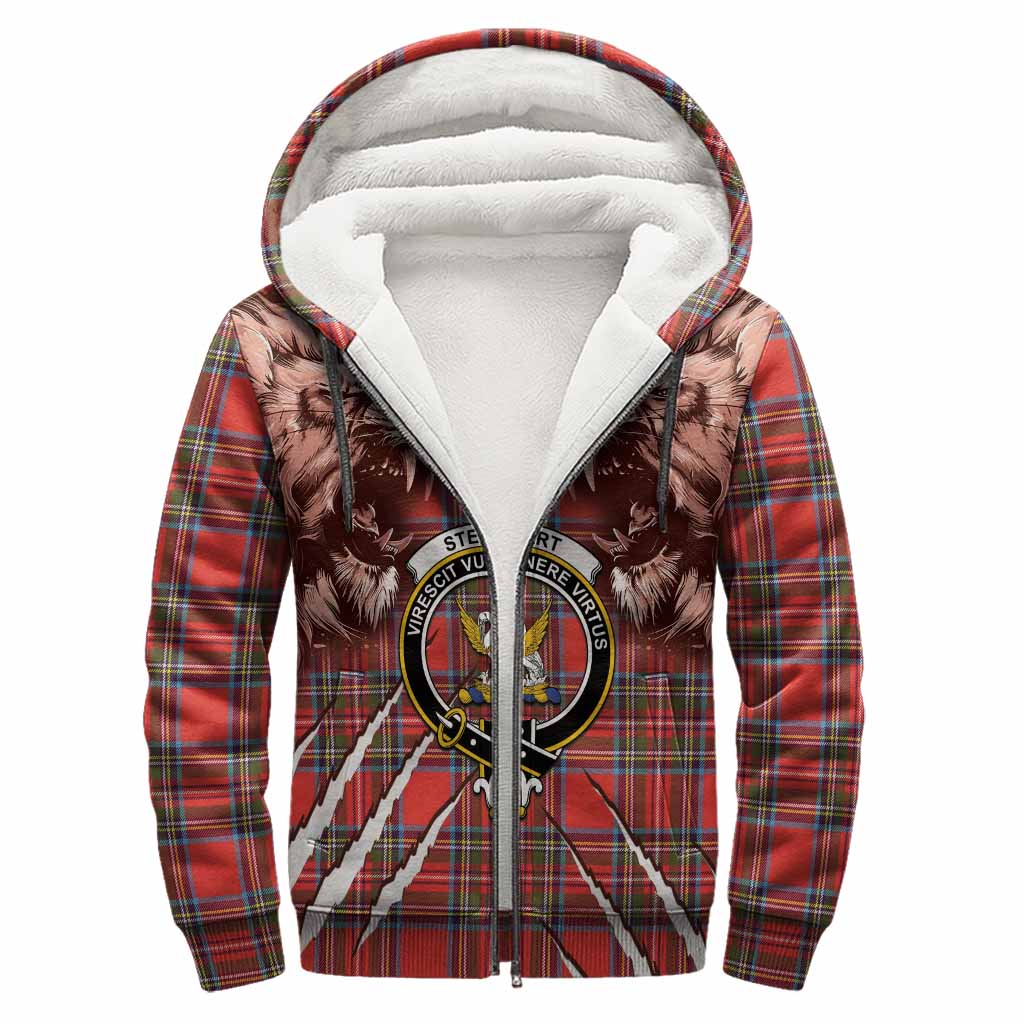 Stewart (Stuart) Tartan Crest Sherpa Hoodie Ferocious Lion Style