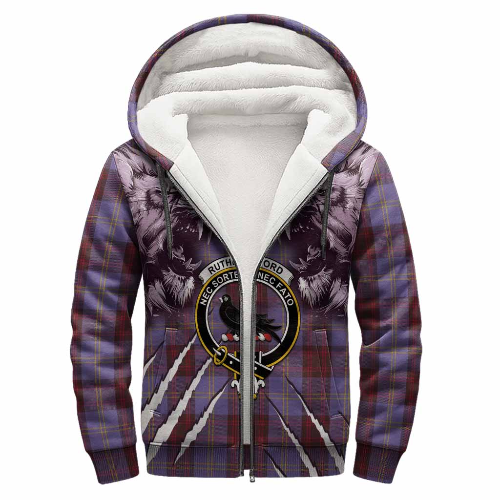 Rutherford Tartan Crest Sherpa Hoodie Ferocious Lion Style