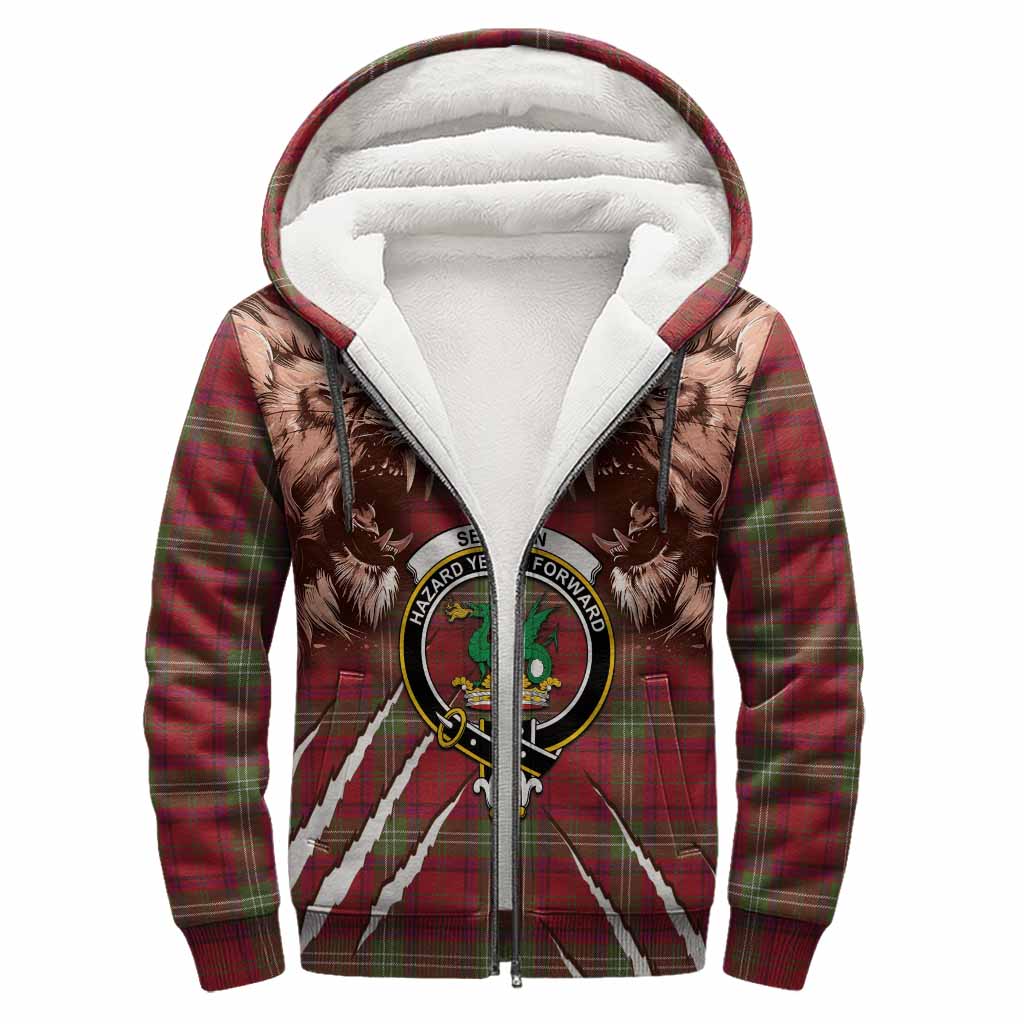 Seton Tartan Crest Sherpa Hoodie Ferocious Lion Style