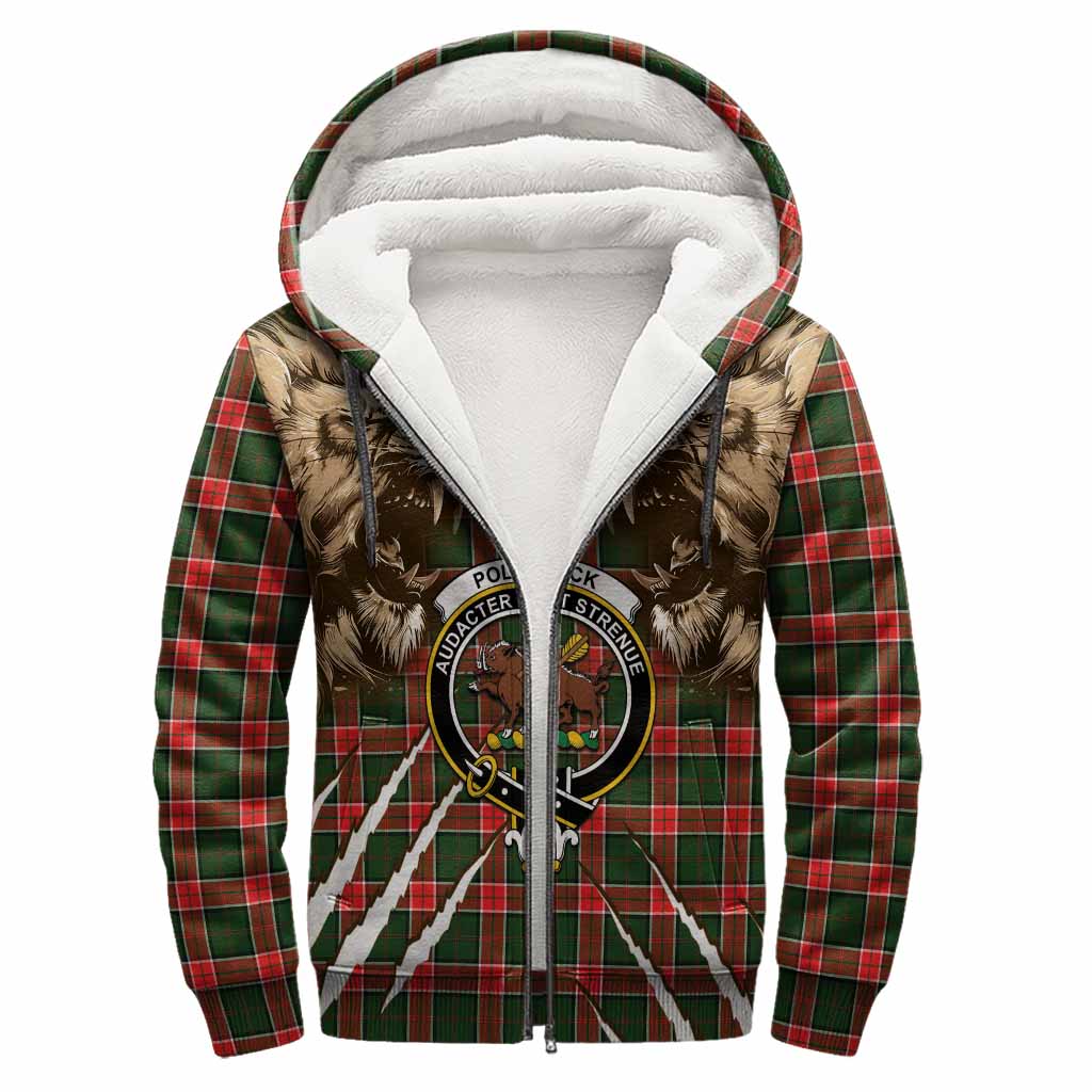 Pollock Tartan Crest Sherpa Hoodie Ferocious Lion Style