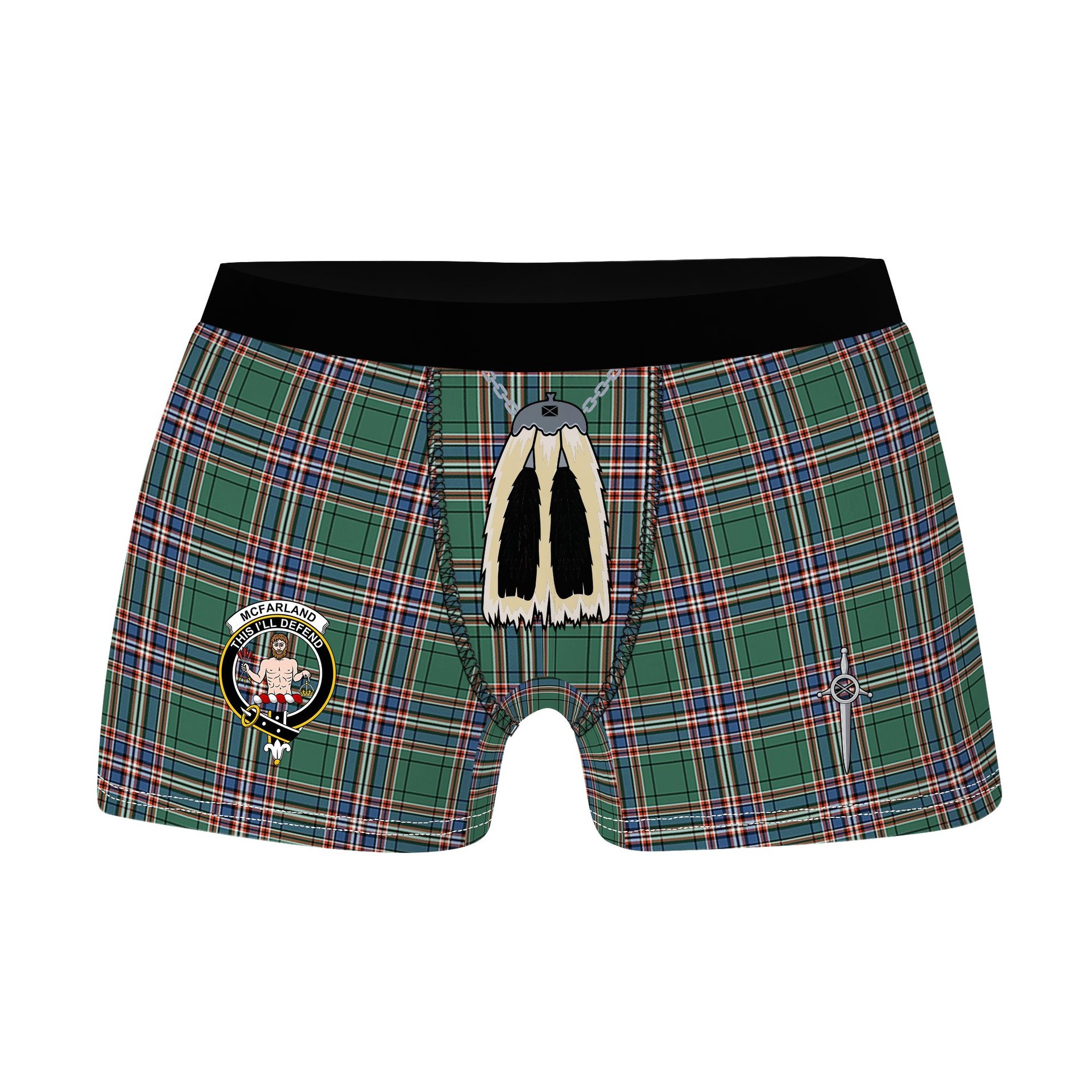 ScotsTee Shop Scottish McFarland Hunting Ancient Clan Crest Highland Kilt Sporran Tartan Boxer Briefs