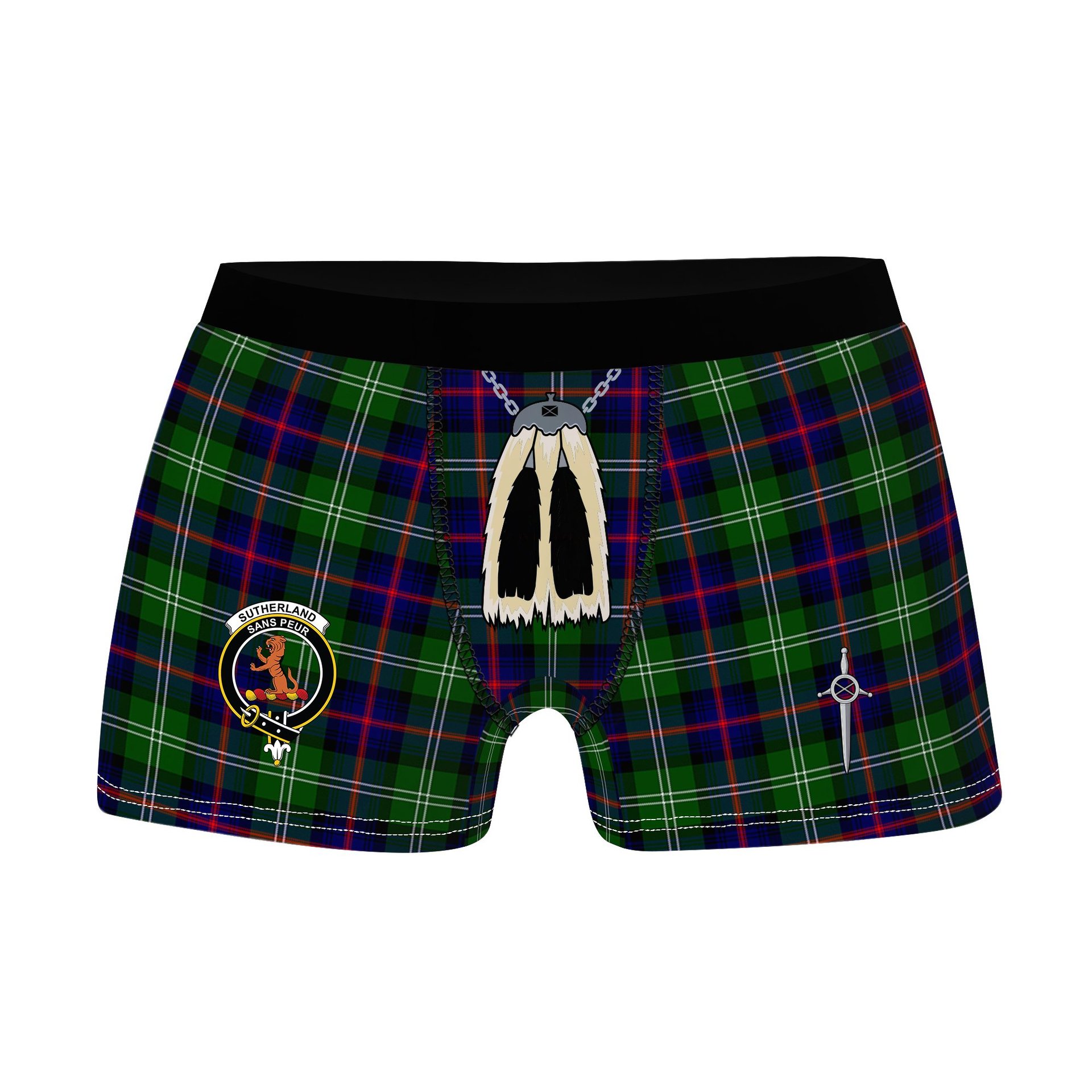 ScotsTee Shop Scottish Sutherland Modern Clan Crest Highland Kilt Sporran Tartan Boxer Briefs