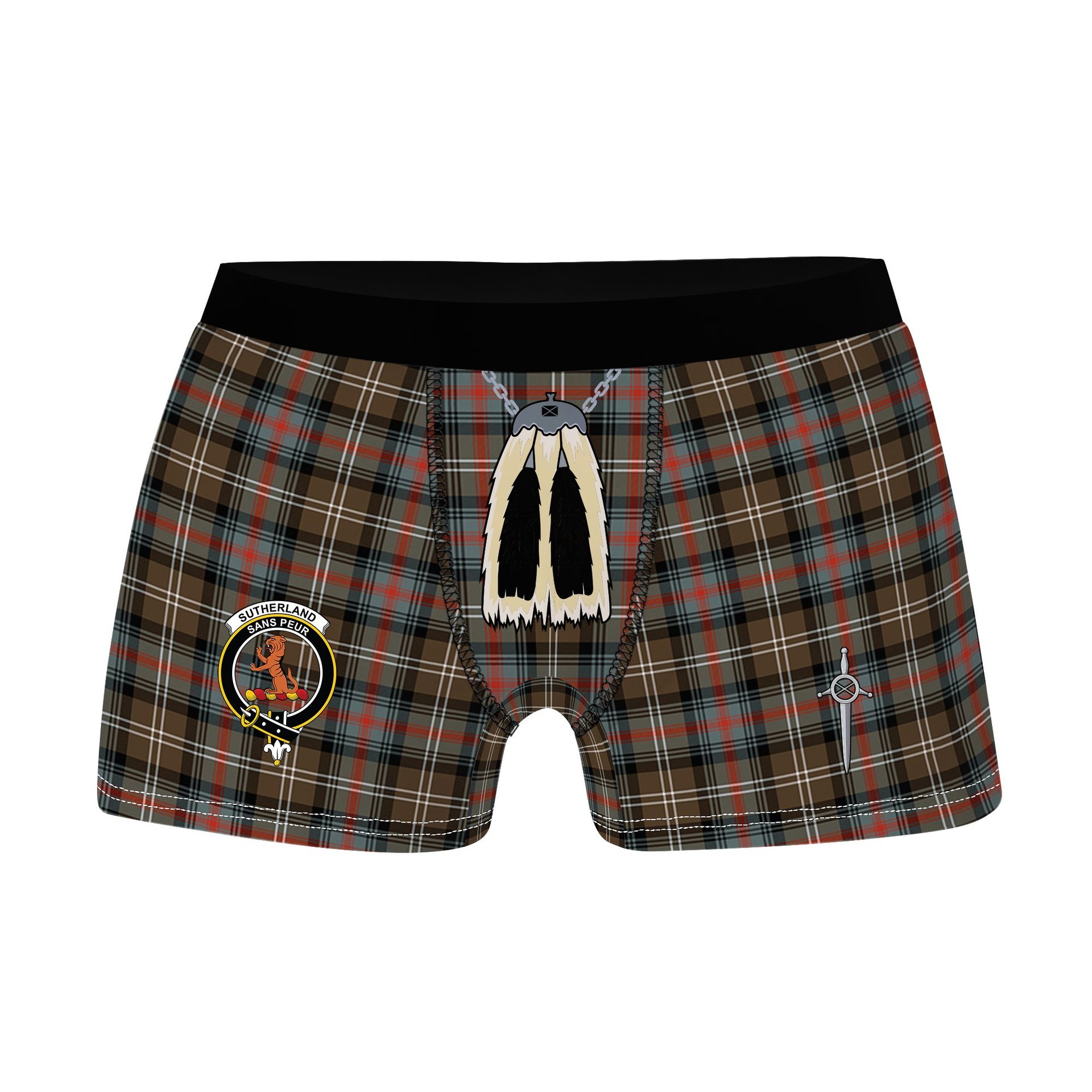 ScotsTee Shop Scottish Sutherland Weathered Clan Crest Highland Kilt Sporran Tartan Boxer Briefs