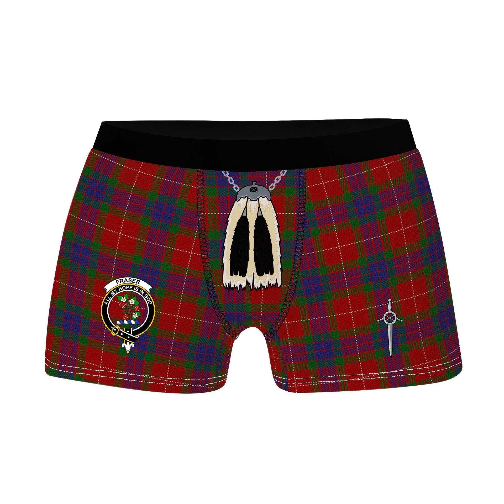 ScotsTee Shop Scottish Fraser 1842 Clan Crest Highland Kilt Sporran Tartan Boxer Briefs