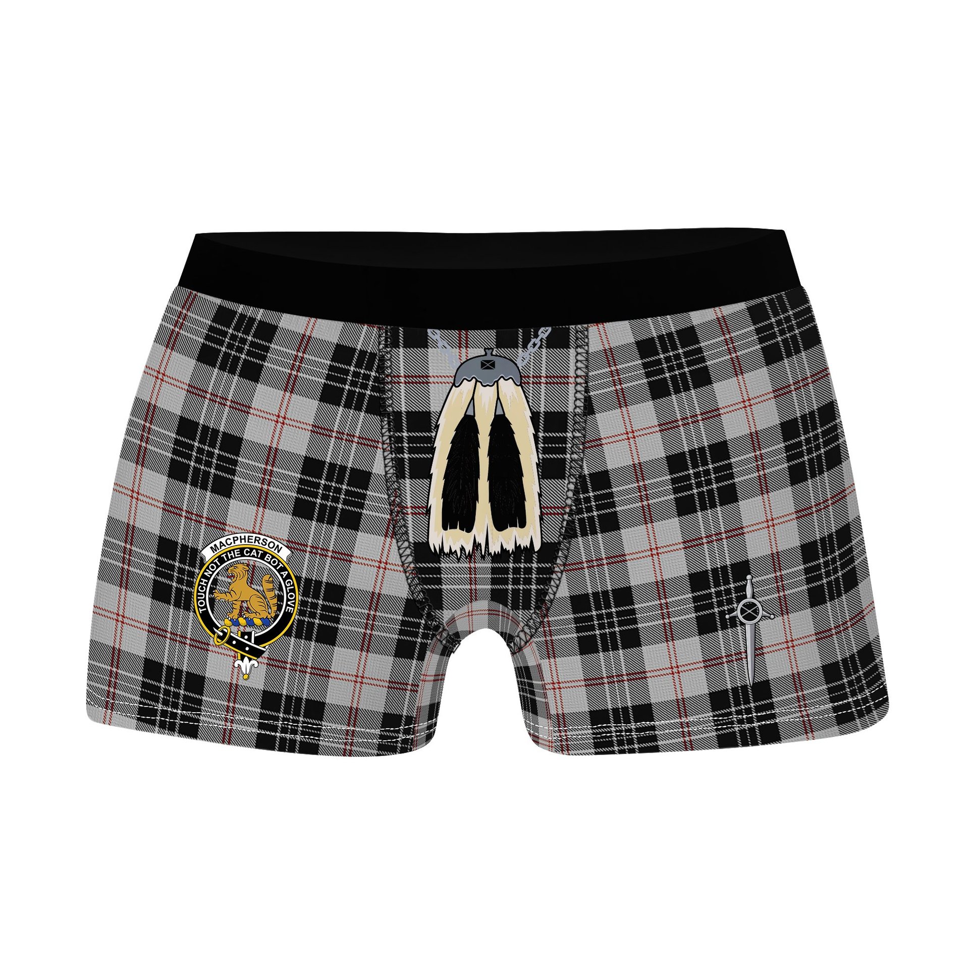 ScotsTee Shop Scottish MacPherson of Cluny Black and White Clan Crest Highland Kilt Sporran Tartan Boxer Briefs