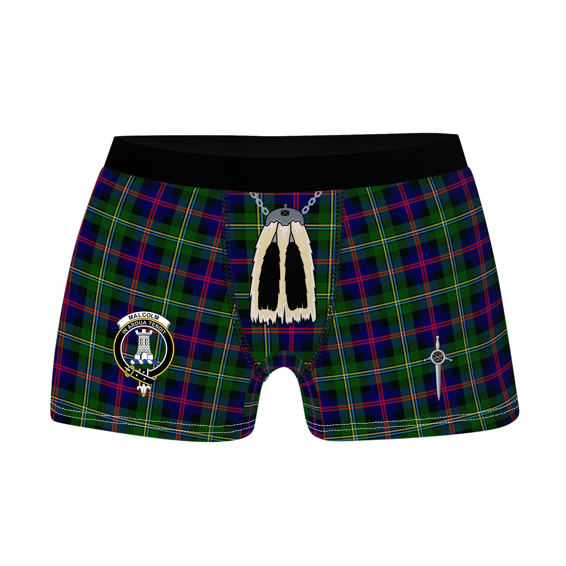 ScotsTee Shop Scottish Malcolm Modern Clan Crest Highland Kilt Sporran Tartan Boxer Briefs