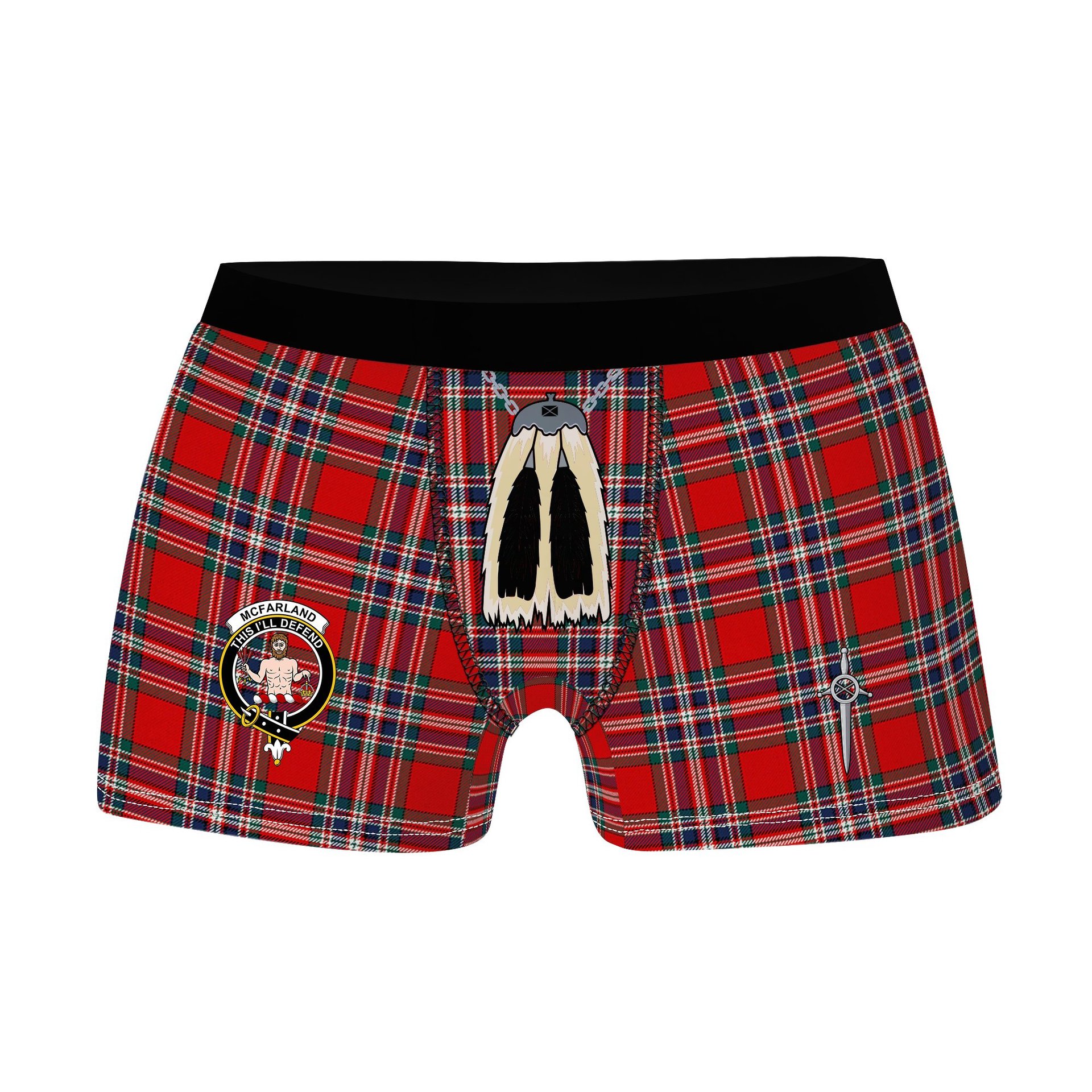 ScotsTee Shop Scottish McFarland Red Modern Clan Crest Highland Kilt Sporran Tartan Boxer Briefs