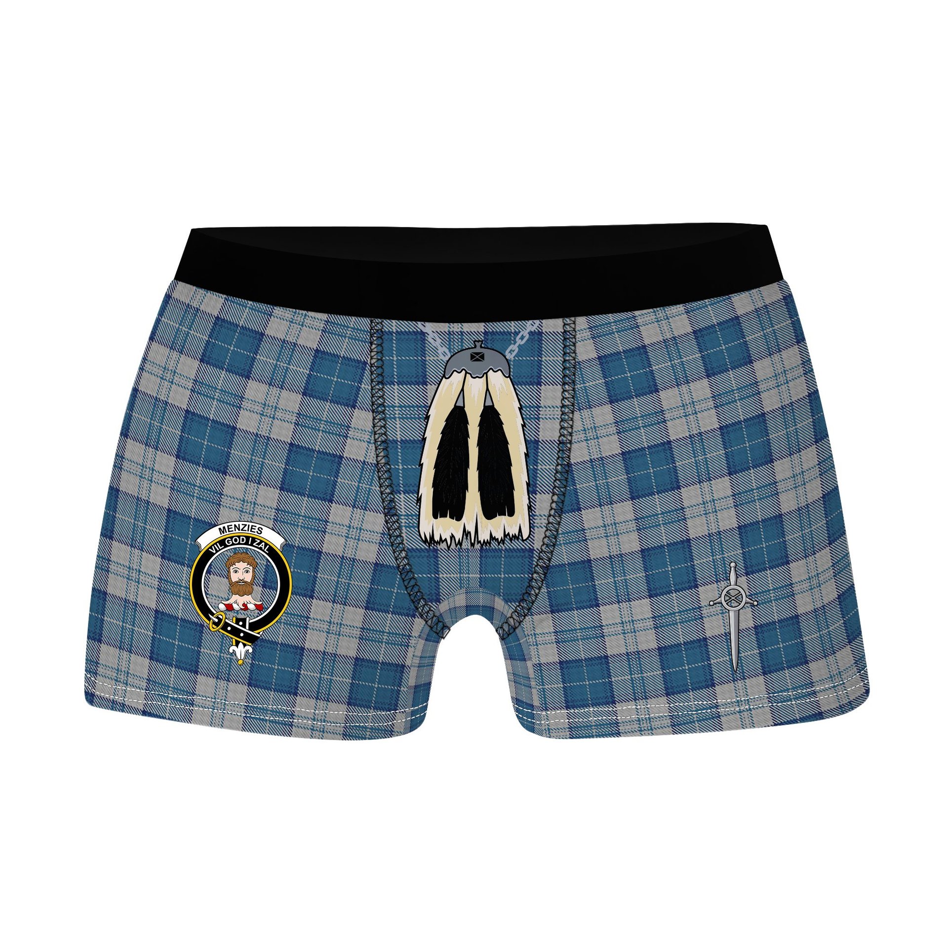 ScotsTee Shop Scottish Menzies Dress Blue & White Clan Crest Highland Kilt Sporran Tartan Boxer Briefs