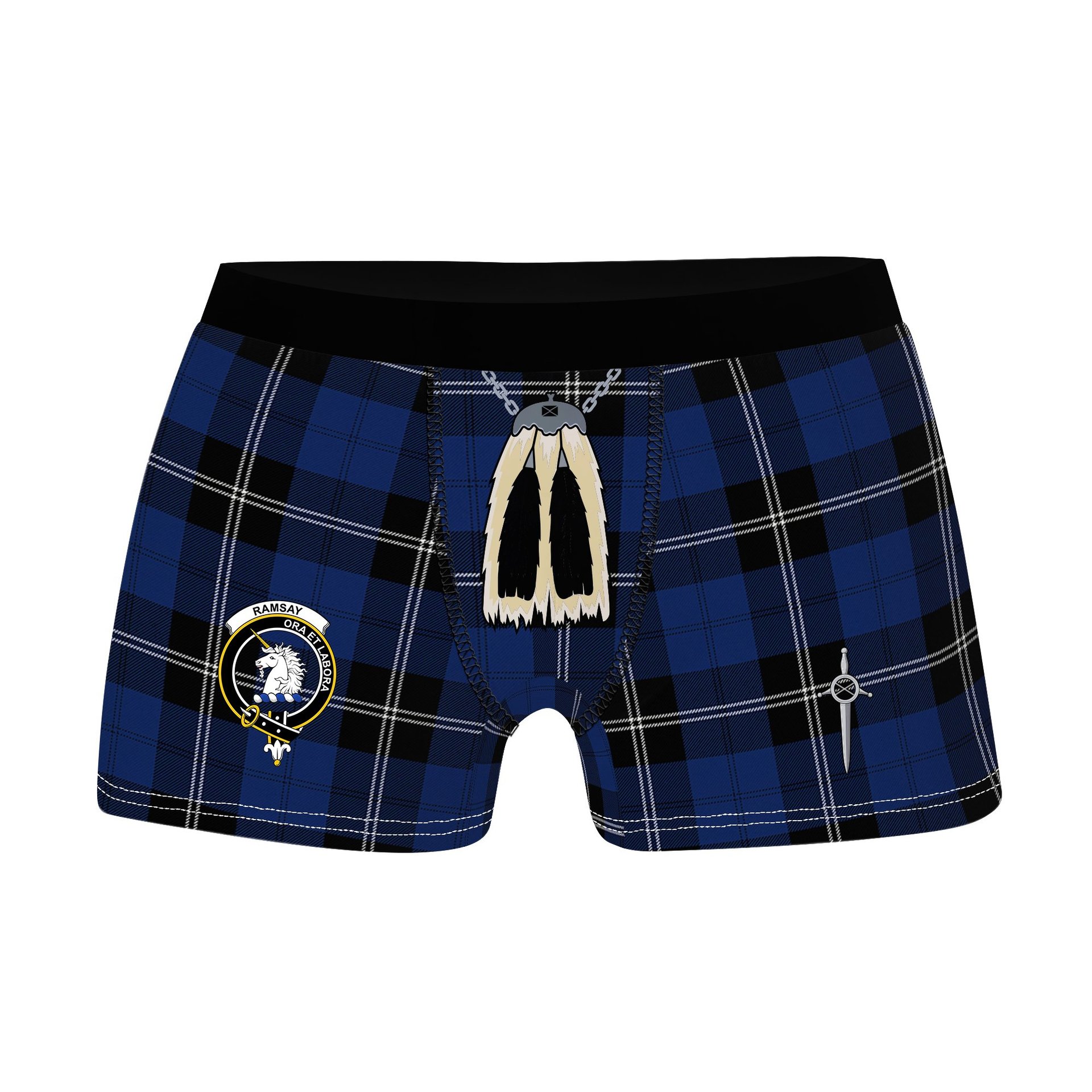 ScotsTee Shop Scottish Ramsay Blue Modern Clan Crest Highland Kilt Sporran Tartan Boxer Briefs