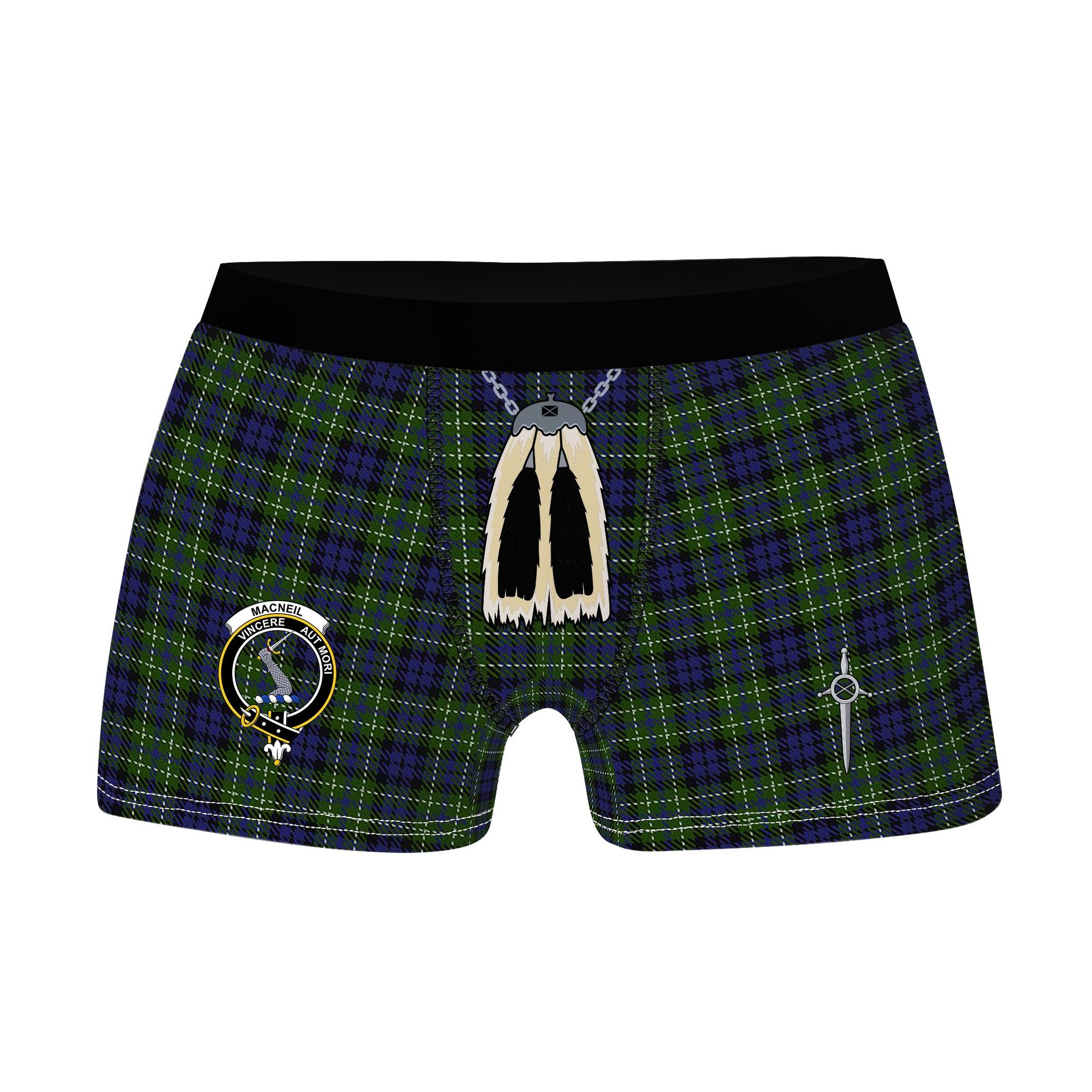 ScotsTee Shop Scottish MacNeil of Colonsay Clan Crest Highland Kilt Sporran Tartan Boxer Briefs