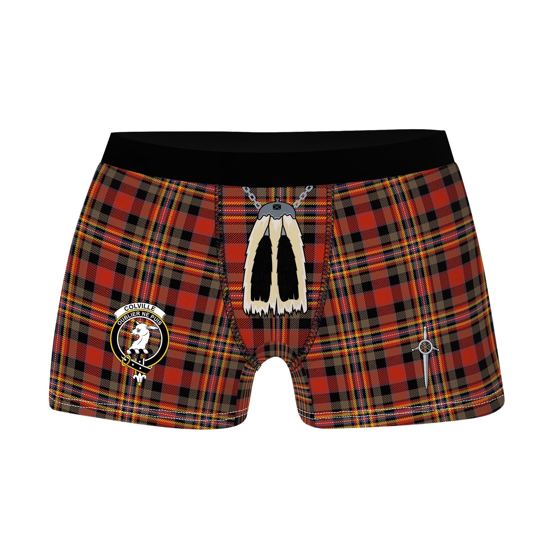 ScotsTee Shop Scottish Colville Ancient Clan Crest Highland Kilt Sporran Tartan Boxer Briefs
