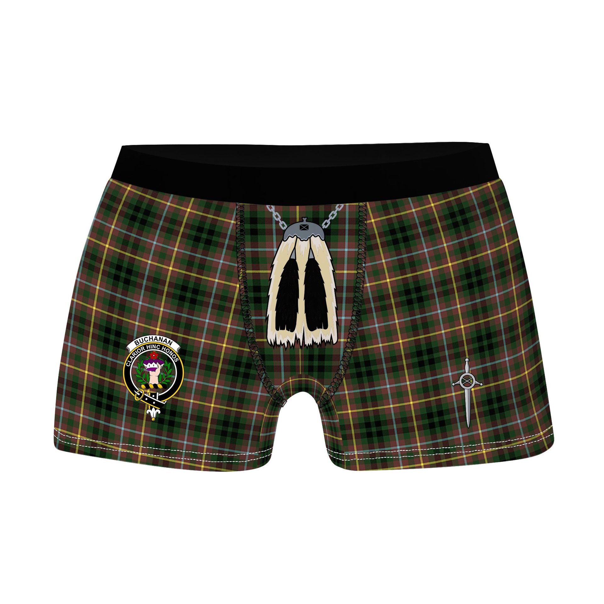 ScotsTee Shop Scottish Buchanan Hunting SC Clan Crest Highland Kilt Sporran Tartan Boxer Briefs