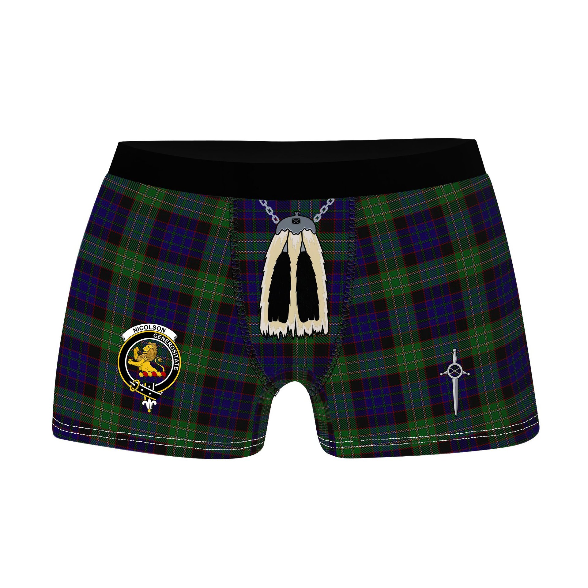 ScotsTee Shop Scottish Nicolson Green Hunting Clan Crest Highland Kilt Sporran Tartan Boxer Briefs