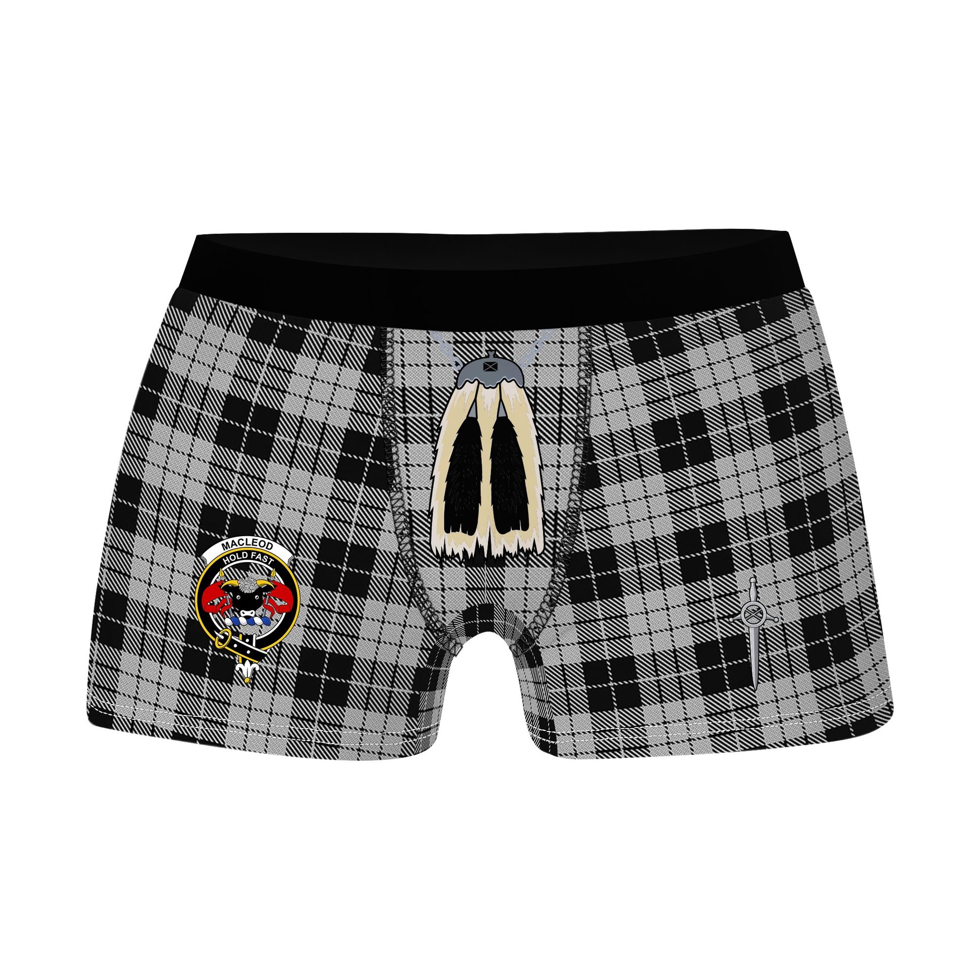 ScotsTee Shop Scottish MacLeod Black and White Clan Crest Highland Kilt Sporran Tartan Boxer Briefs
