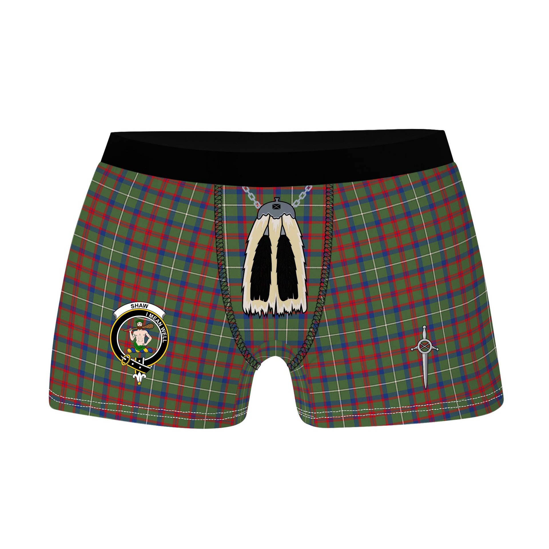 ScotsTee Shop Scottish Shaw Green Modern Clan Crest Highland Kilt Sporran Tartan Boxer Briefs
