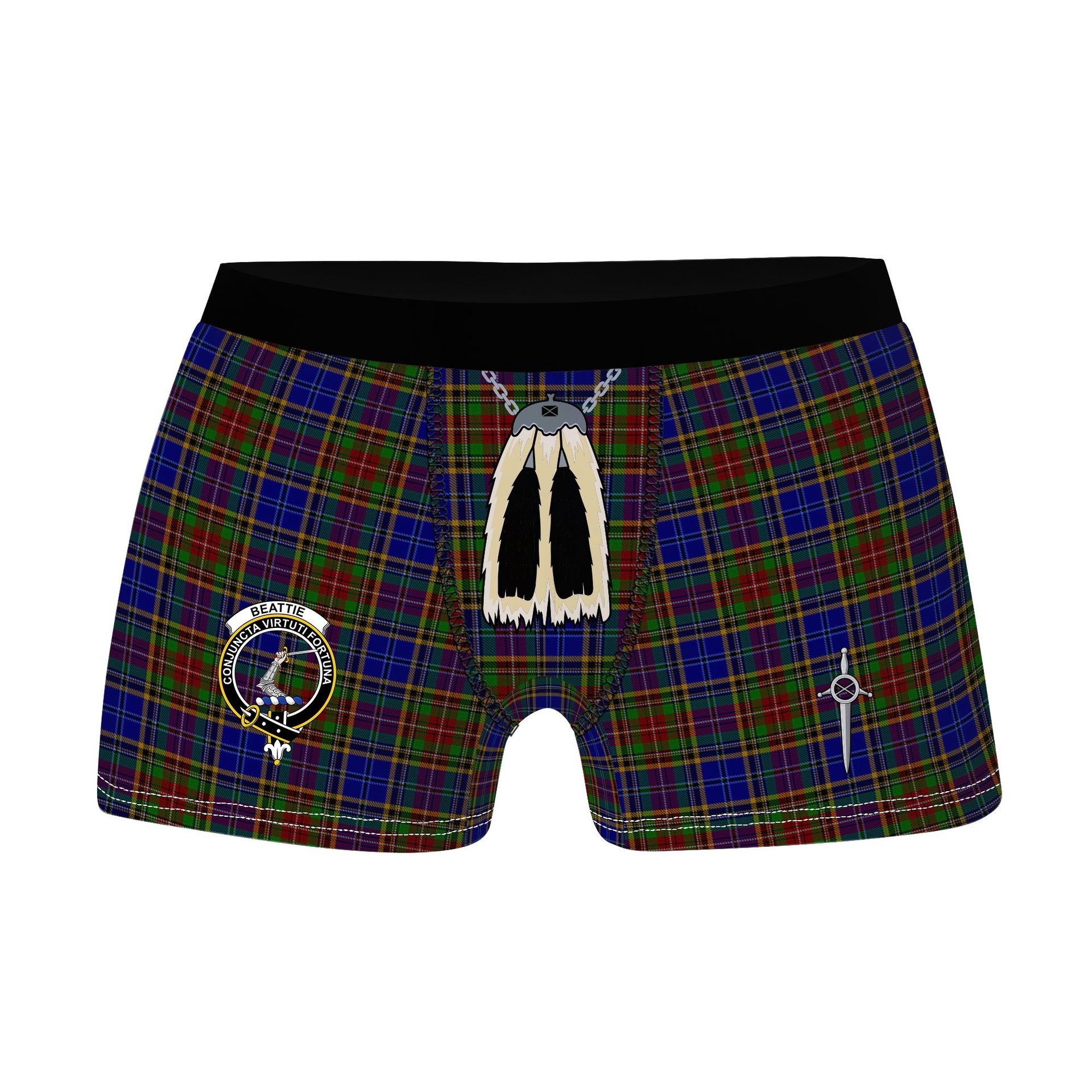 ScotsTee Shop Scottish Beattie (Beatty) Clan Crest Highland Kilt Sporran Tartan Boxer Briefs