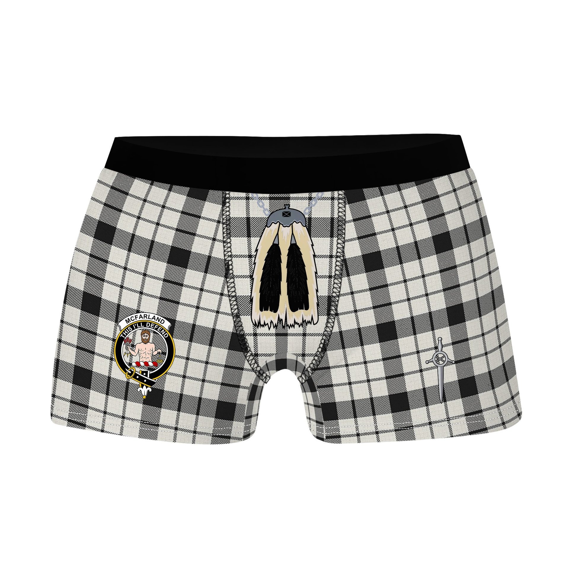 ScotsTee Shop Scottish McFarland Black White Ancient Clan Crest Highland Kilt Sporran Tartan Boxer Briefs