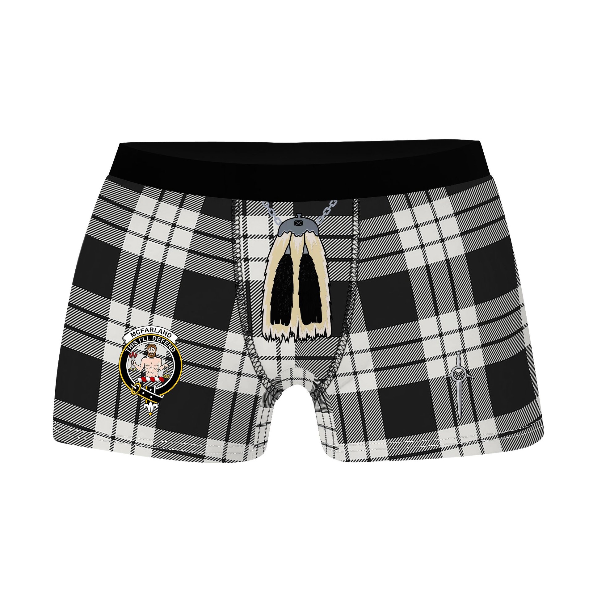ScotsTee Shop Scottish McFarland Black White Clan Crest Highland Kilt Sporran Tartan Boxer Briefs
