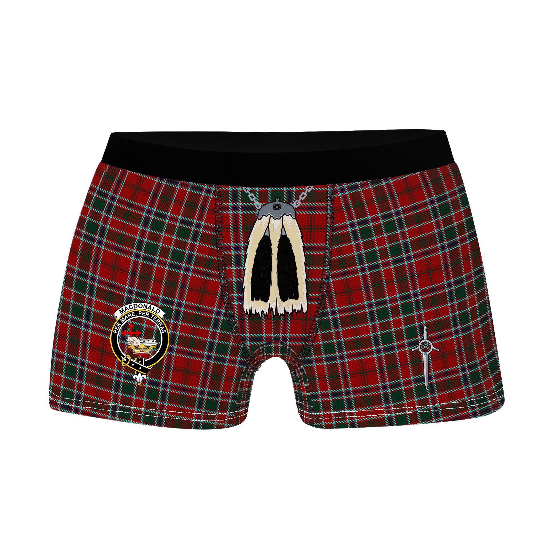 ScotsTee Shop Scottish MacDonald of Lochmaddy Clan Crest Highland Kilt Sporran Tartan Boxer Briefs
