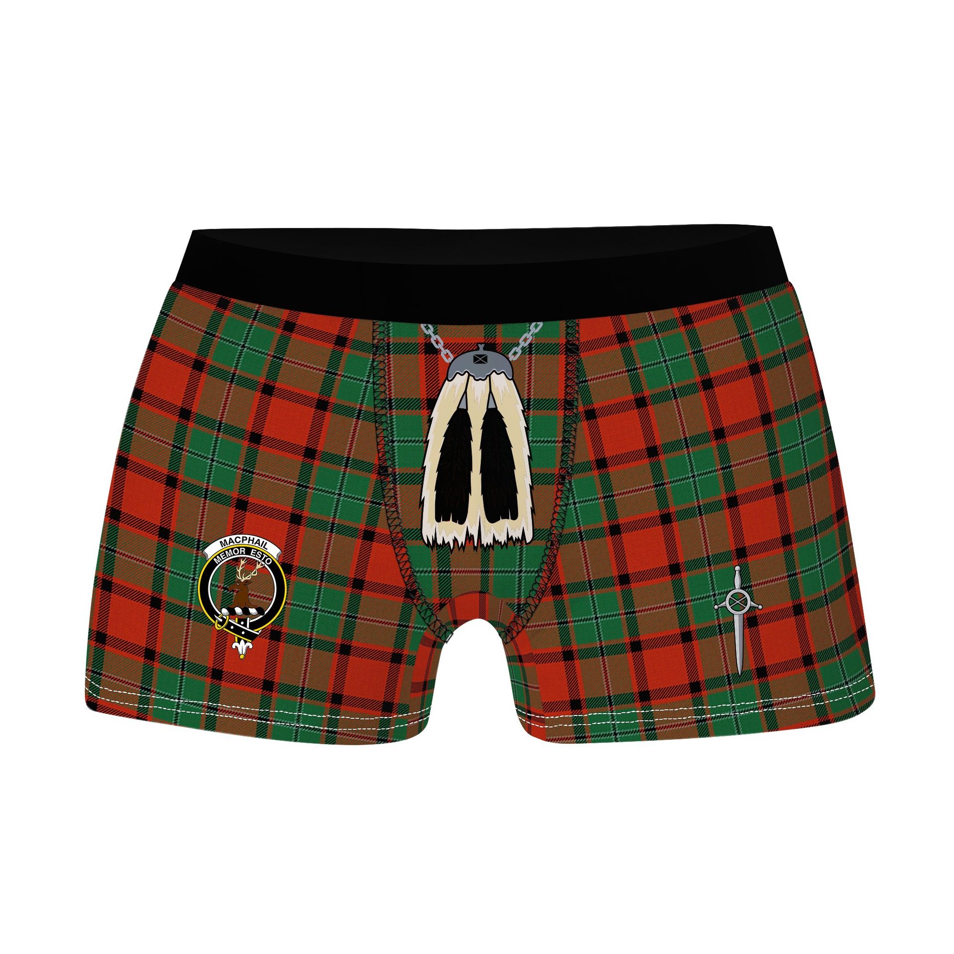 ScotsTee Shop Scottish MacPhail Ancient Clan Crest Highland Kilt Sporran Tartan Boxer Briefs