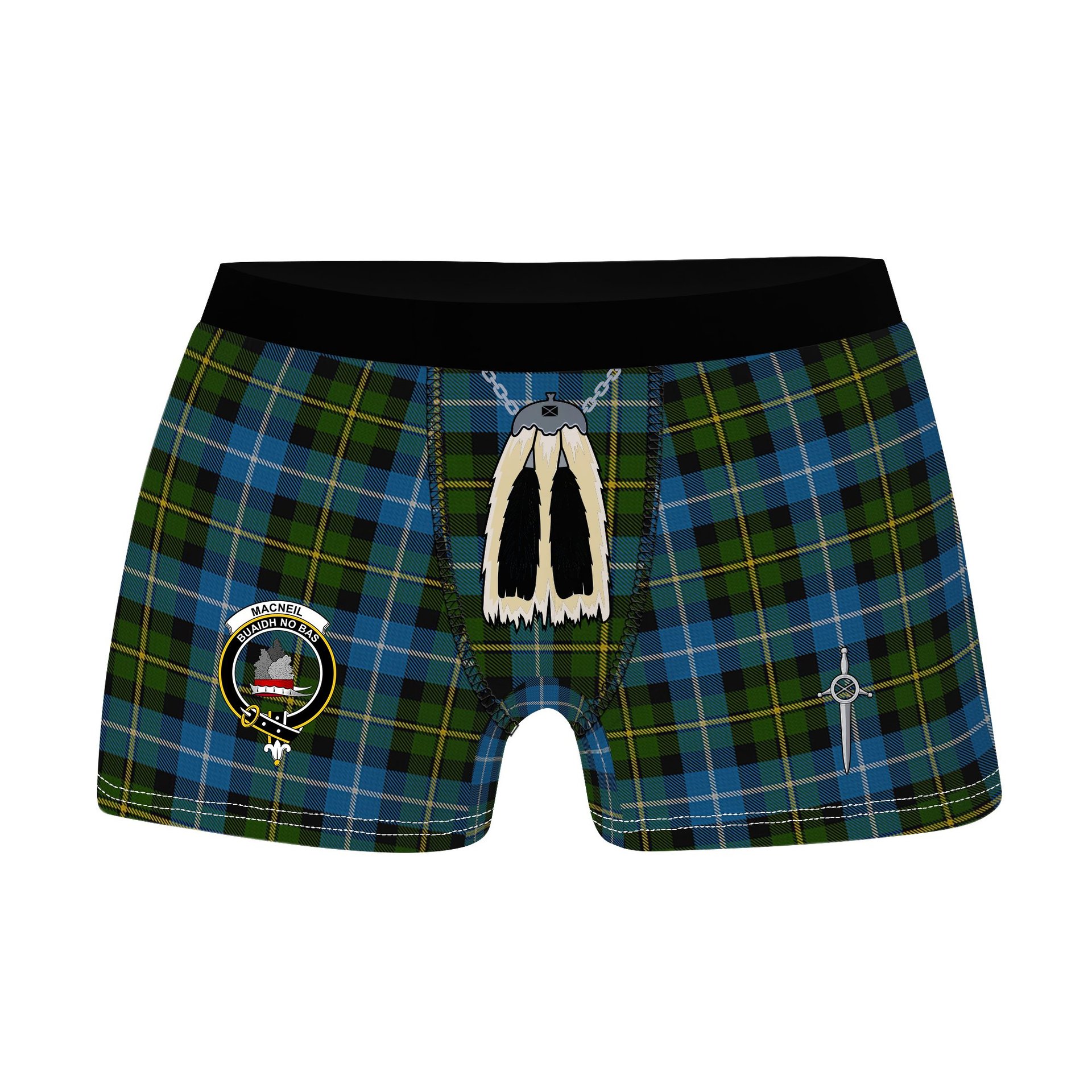 ScotsTee Shop Scottish MacNeil of Barra Clan Crest Highland Kilt Sporran Tartan Boxer Briefs