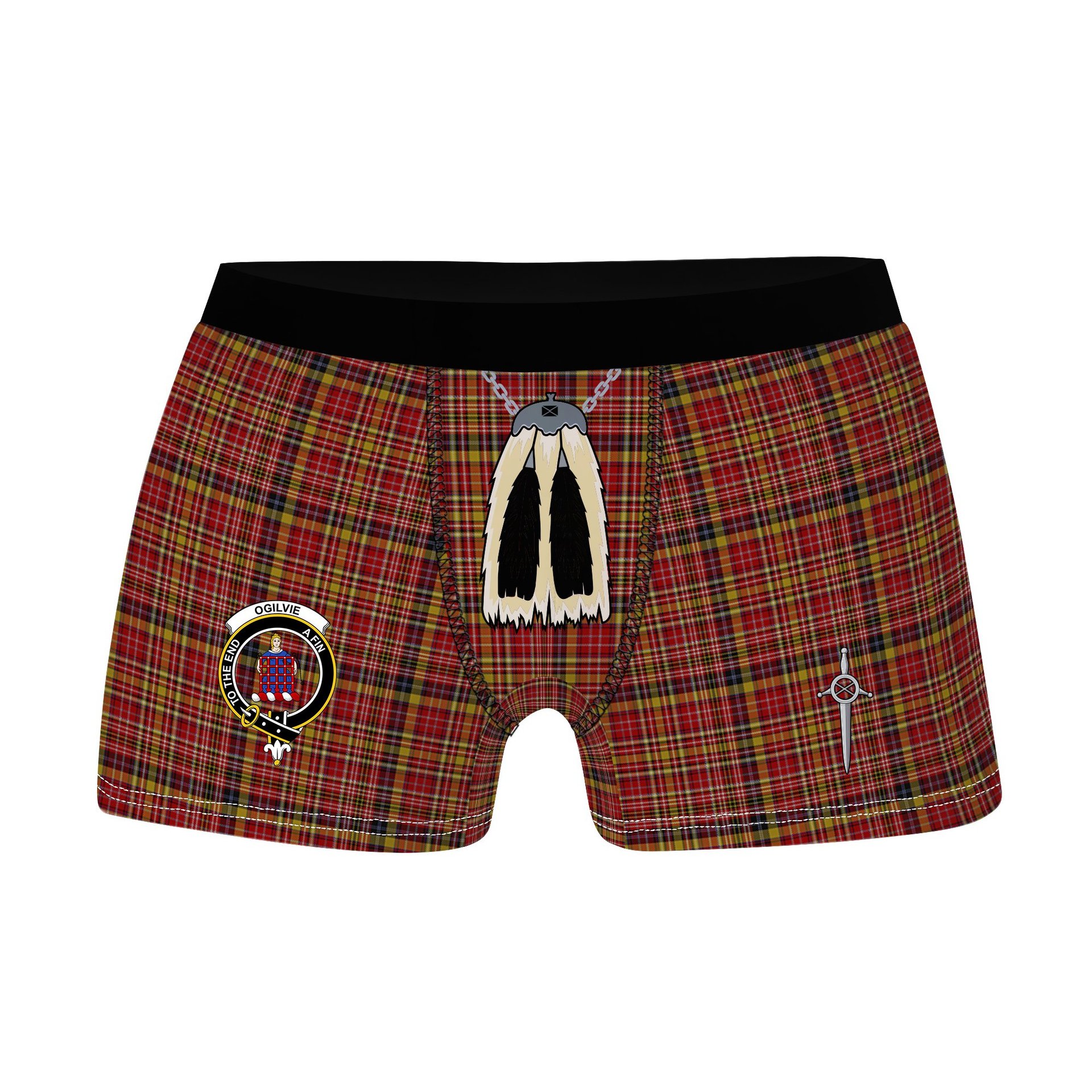 ScotsTee Shop Scottish Ogilvie (Ogilvy) of Strathallan Clan Crest Highland Kilt Sporran Tartan Boxer Briefs