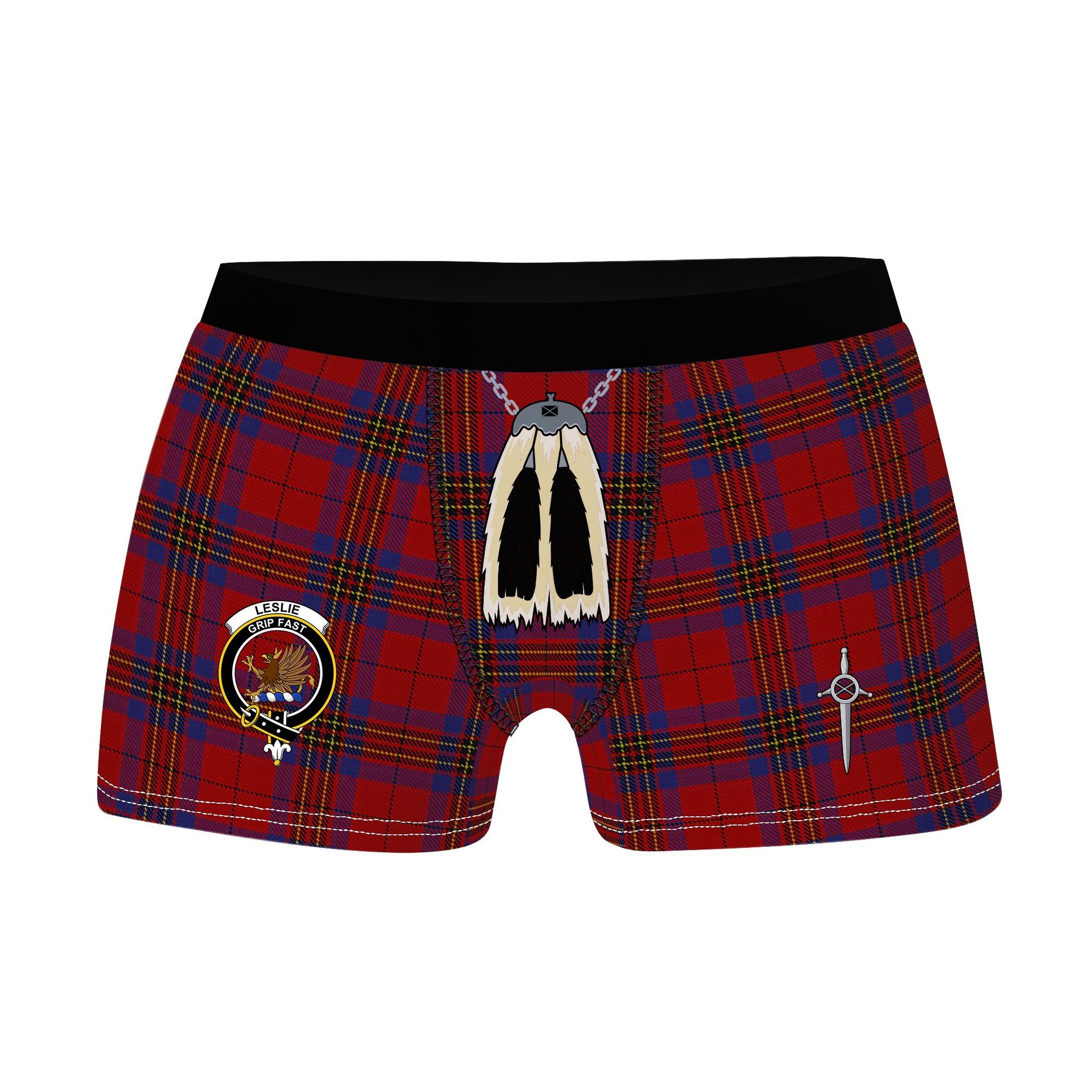 ScotsTee Shop Scottish Leslie Red Clan Crest Highland Kilt Sporran Tartan Boxer Briefs