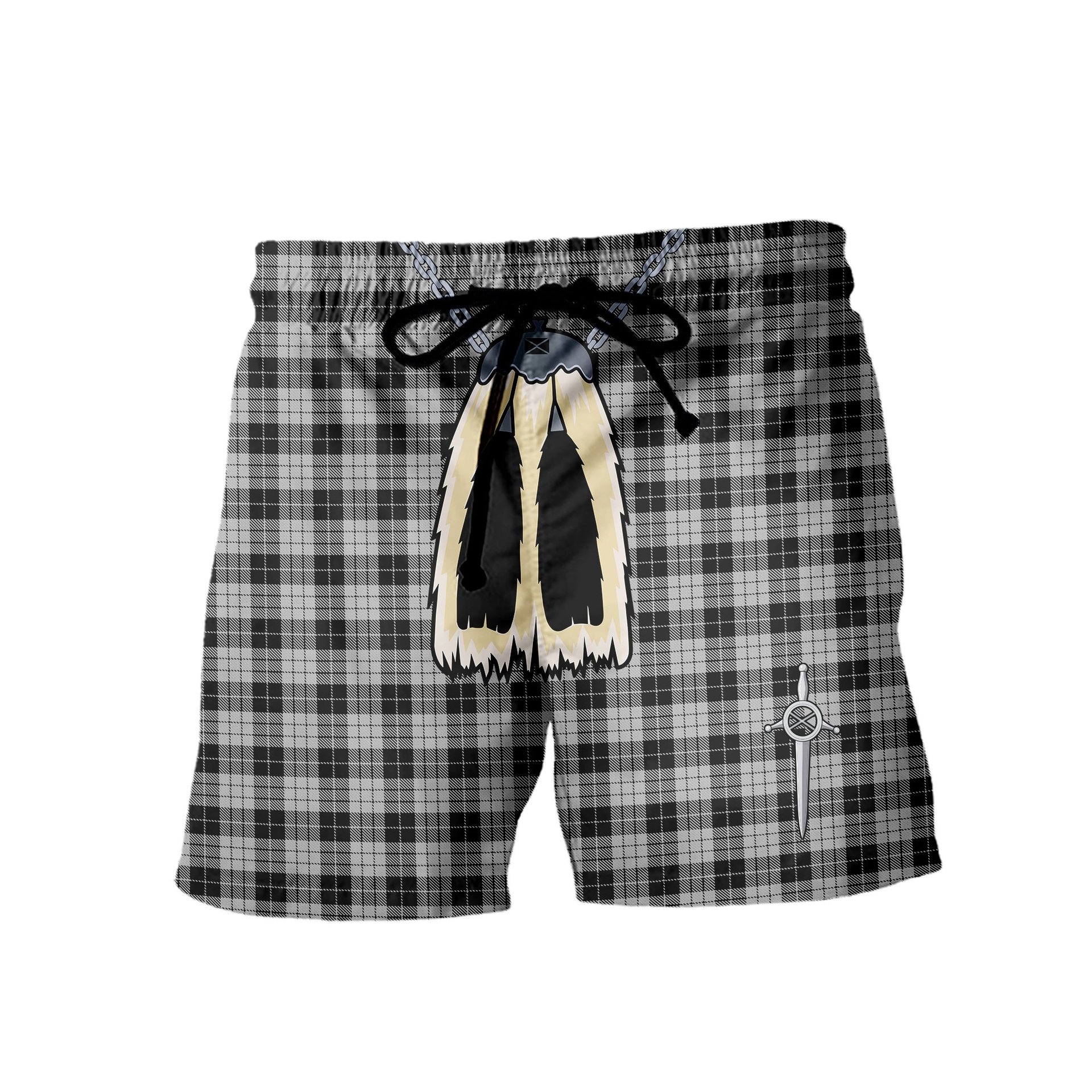 ScotsTee Shop Scottish MacLeod Black and White Men's Highland Kilt Sporran Tartan Shorts