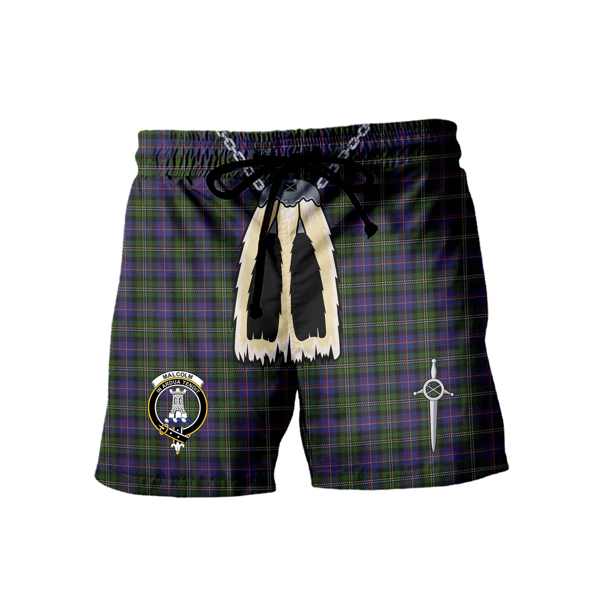 ScotsTee Shop Scottish Malcolm 1840 Clan Crest Men's Highland Kilt Sporran Tartan Shorts