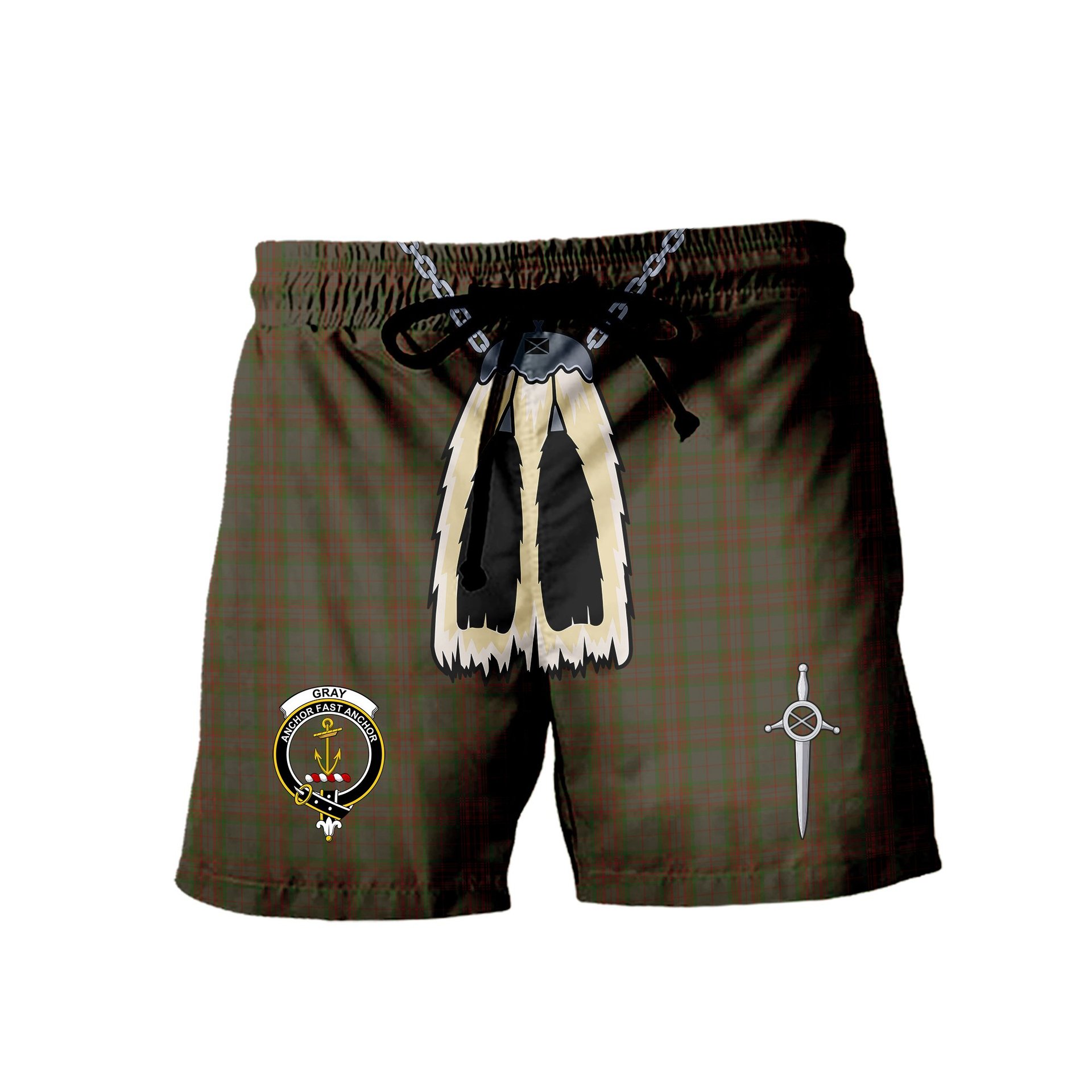 ScotsTee Shop Scottish Gray Clan Crest Men's Highland Kilt Sporran Tartan Shorts
