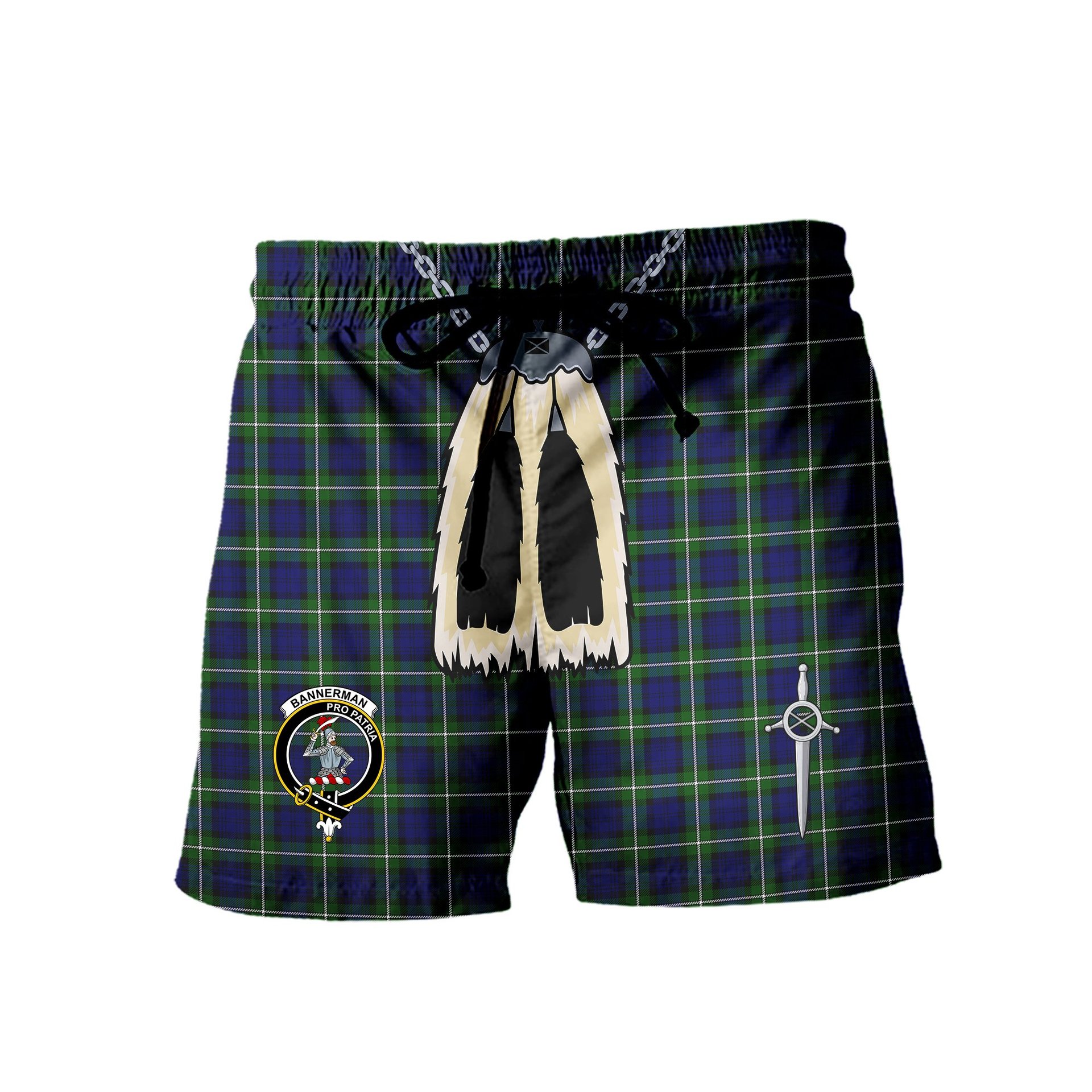ScotsTee Shop Scottish Bannerman Clan Crest Men's Highland Kilt Sporran Tartan Shorts