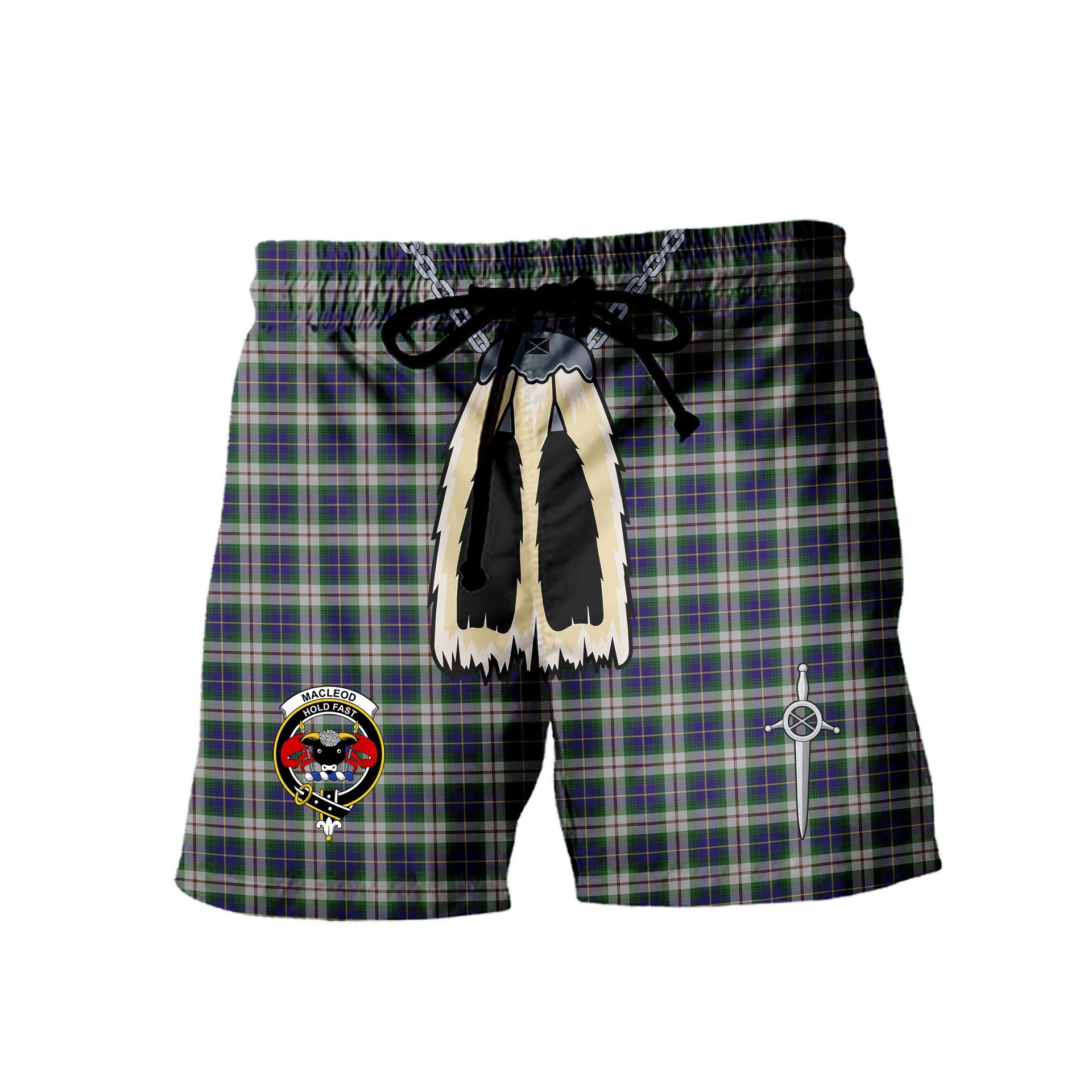 ScotsTee Shop Scottish MacLeod of California Clan Crest Men's Highland Kilt Sporran Tartan Shorts