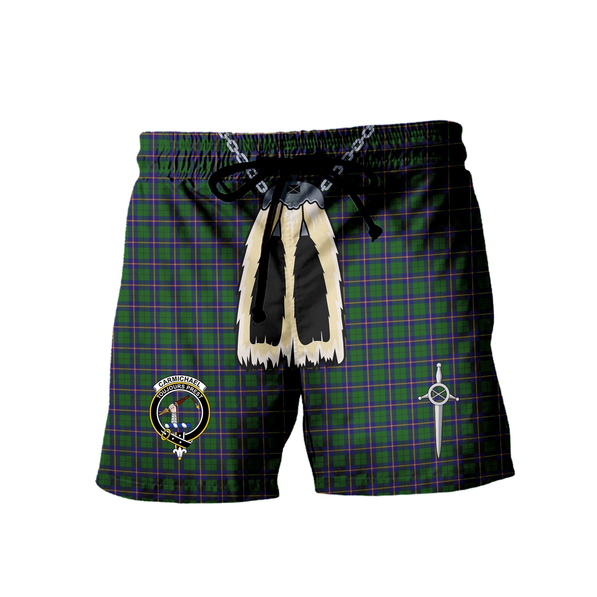 ScotsTee Shop Scottish Carmichael Modern Clan Crest Men's Highland Kilt Sporran Tartan Shorts