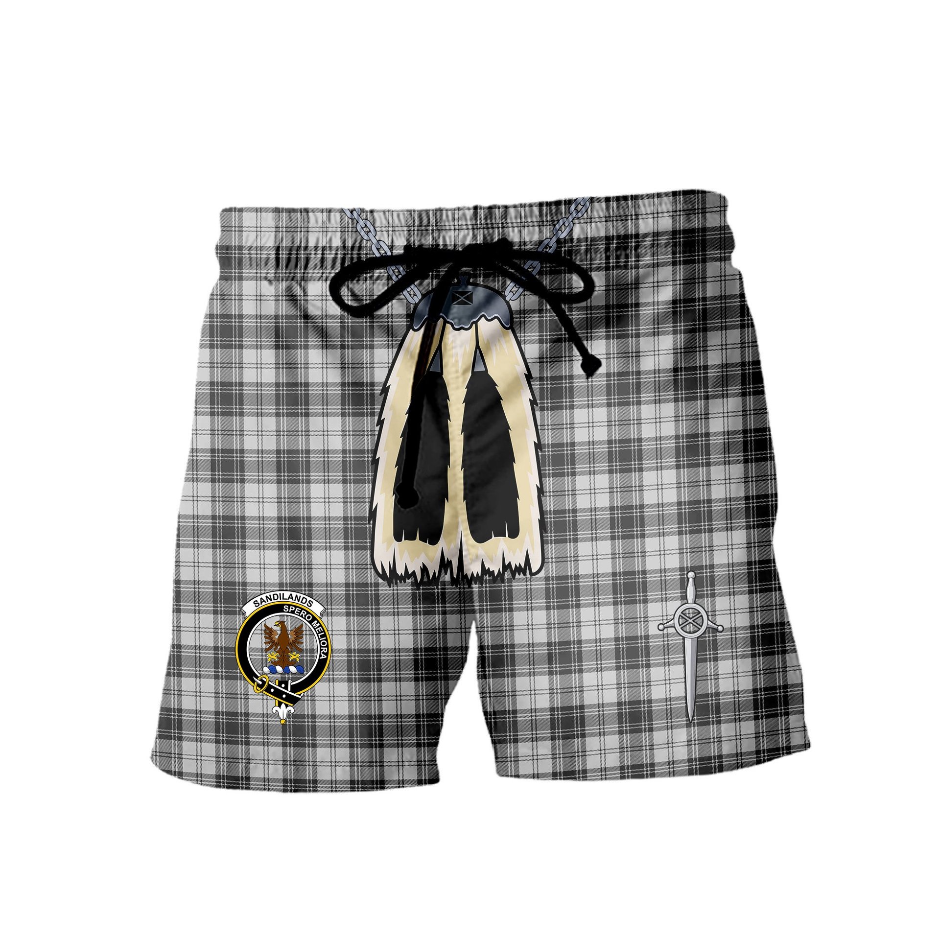 ScotsTee Shop Scottish Sandilands Grey Clan Crest Men's Highland Kilt Sporran Tartan Shorts