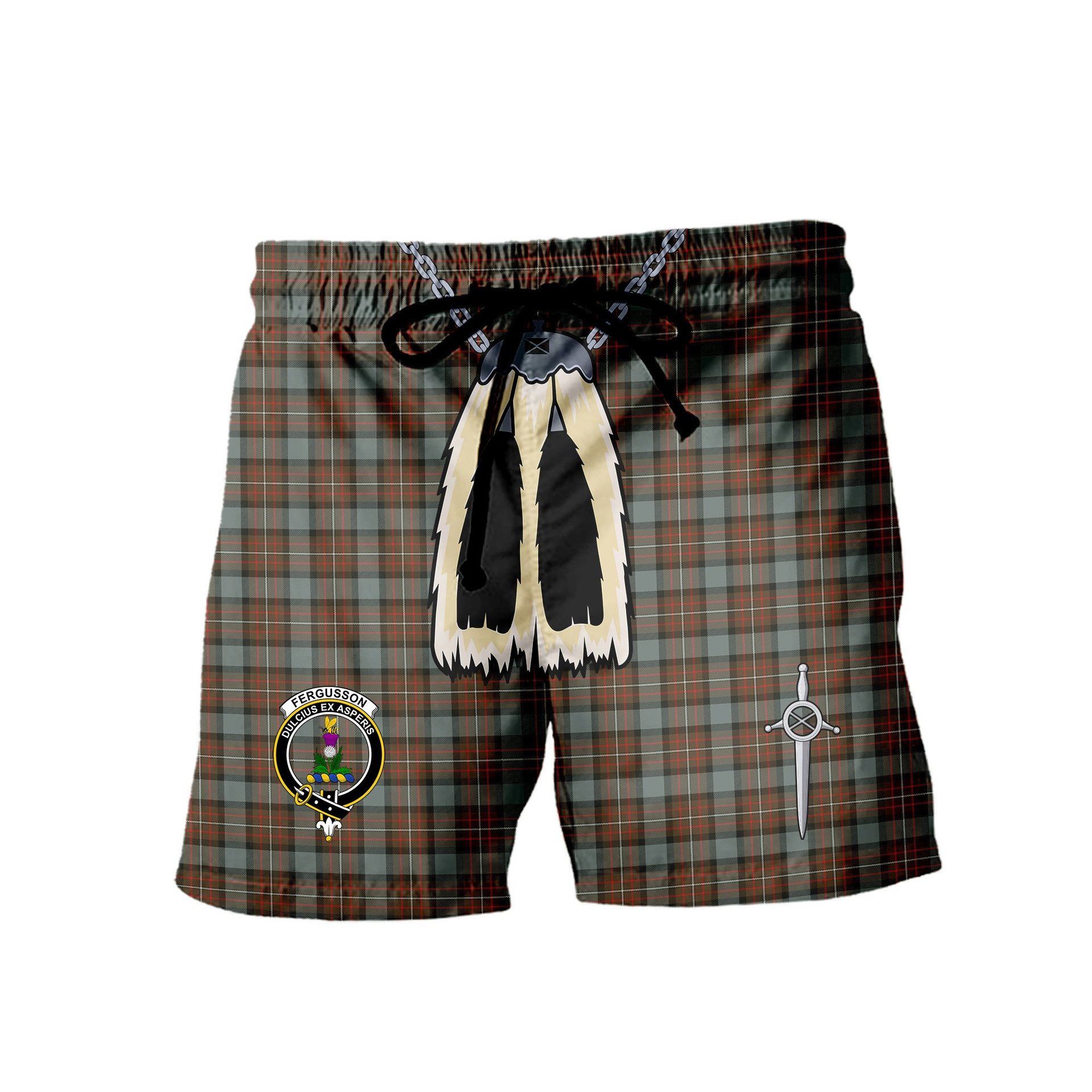 ScotsTee Shop Scottish Fergusson Weathered Clan Crest Men's Highland Kilt Sporran Tartan Shorts