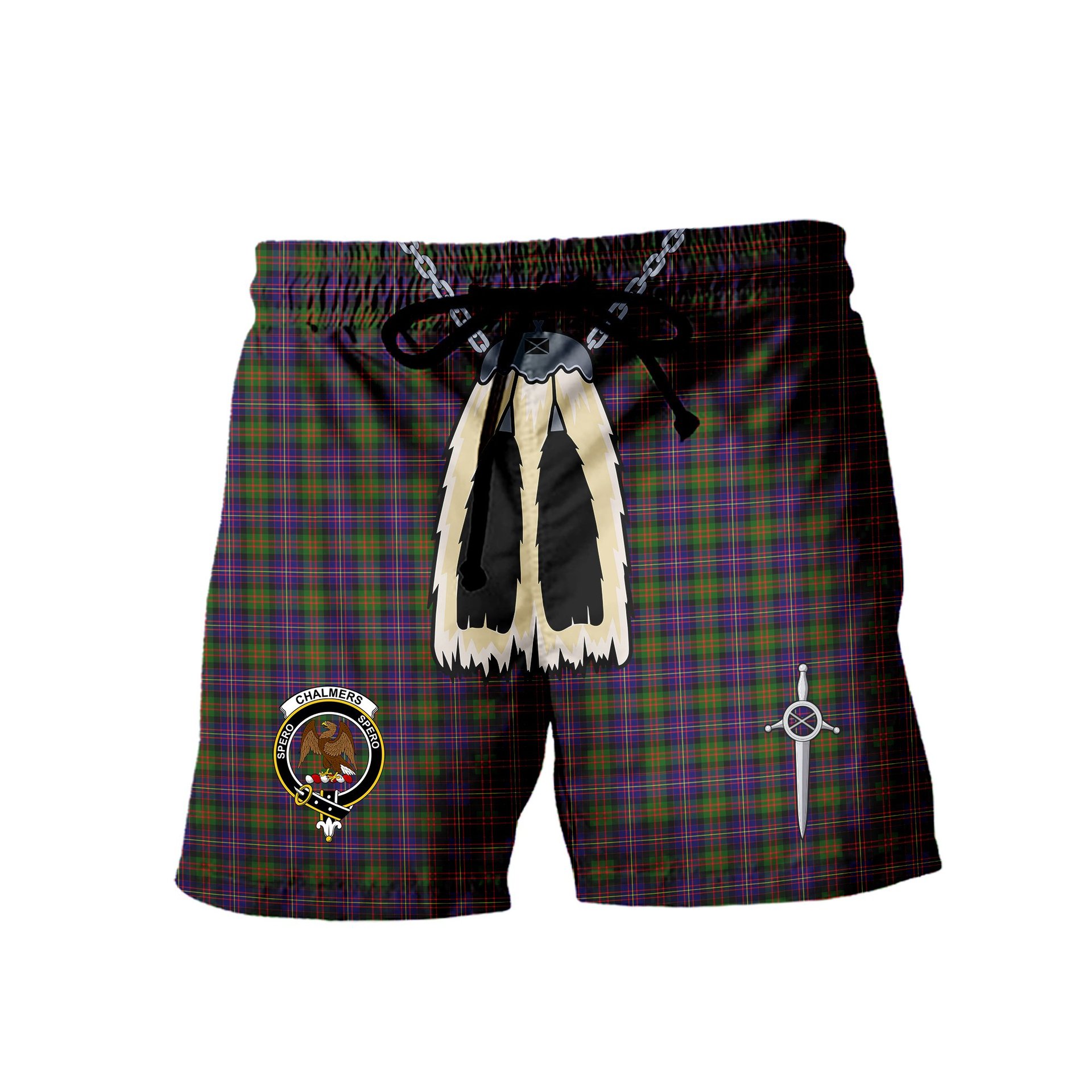 ScotsTee Shop Scottish Chalmers Clan Crest Men's Highland Kilt Sporran Tartan Shorts