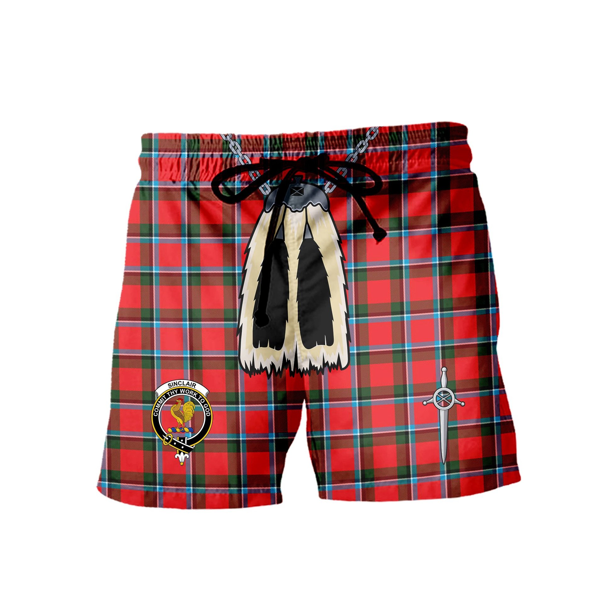 ScotsTee Shop Scottish Sinclair Modern Clan Crest Men's Highland Kilt Sporran Tartan Shorts