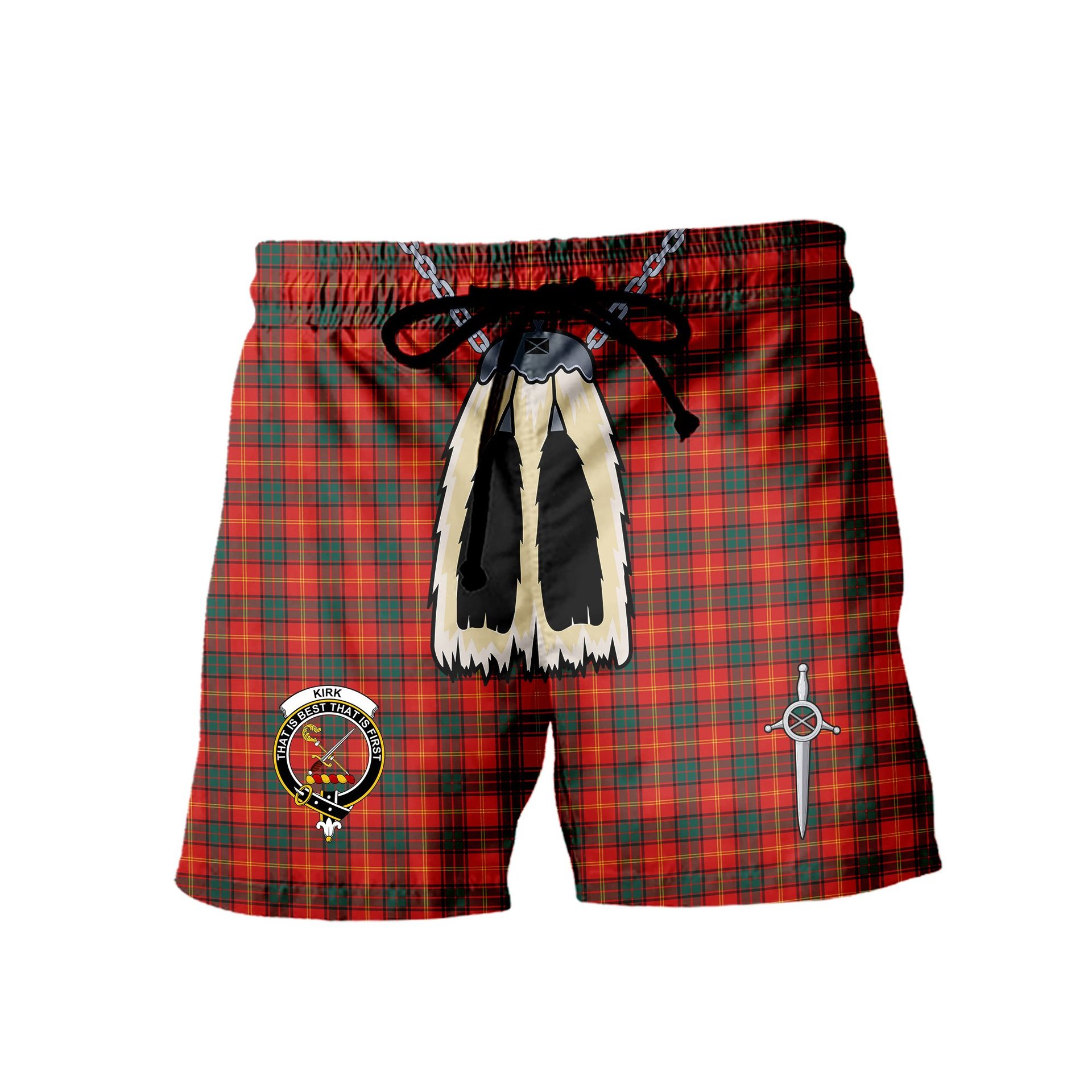 ScotsTee Shop Scottish Kirk Modern Clan Crest Men's Highland Kilt Sporran Tartan Shorts