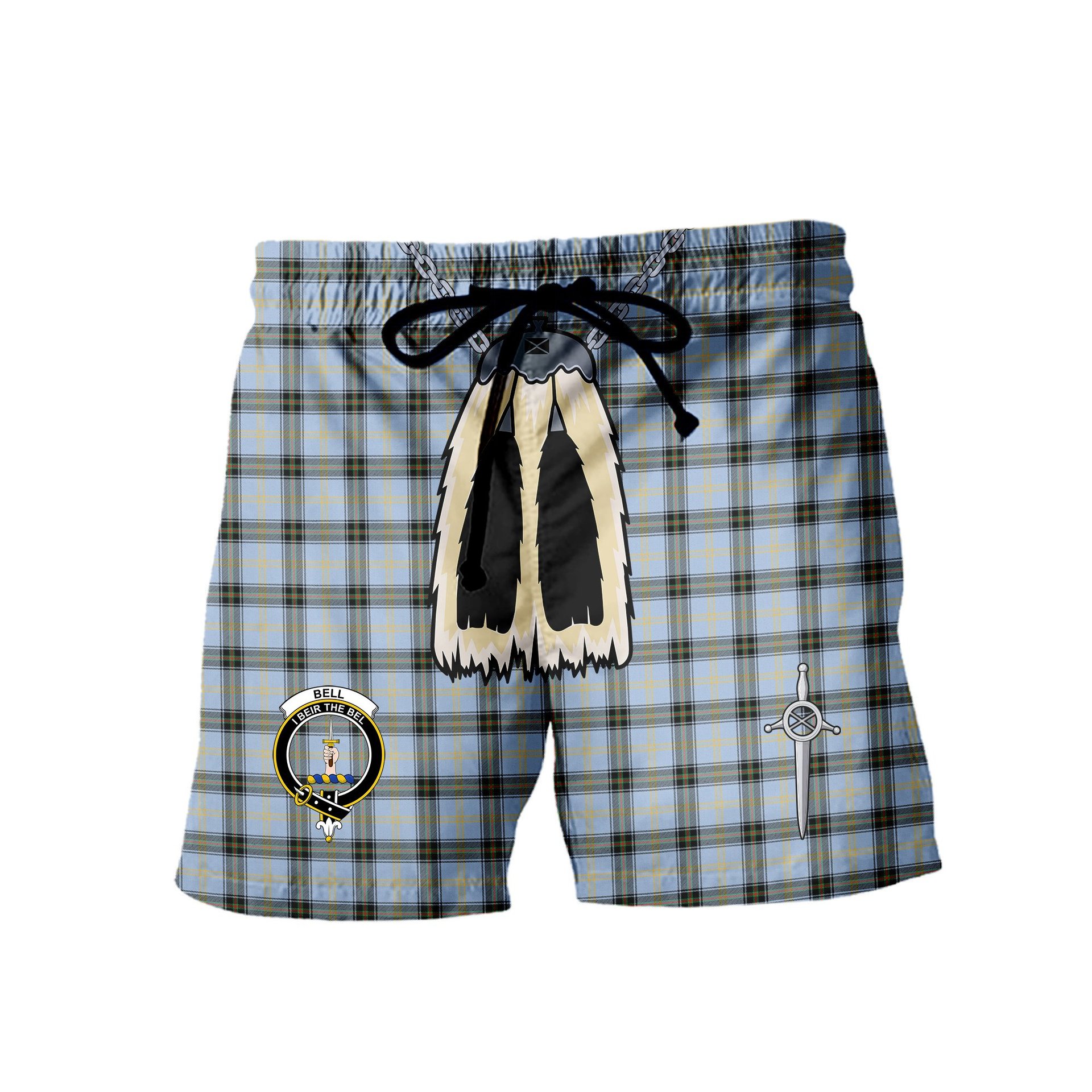 ScotsTee Shop Scottish Bell of the Borders Ancient Clan Crest Men's Highland Kilt Sporran Tartan Shorts