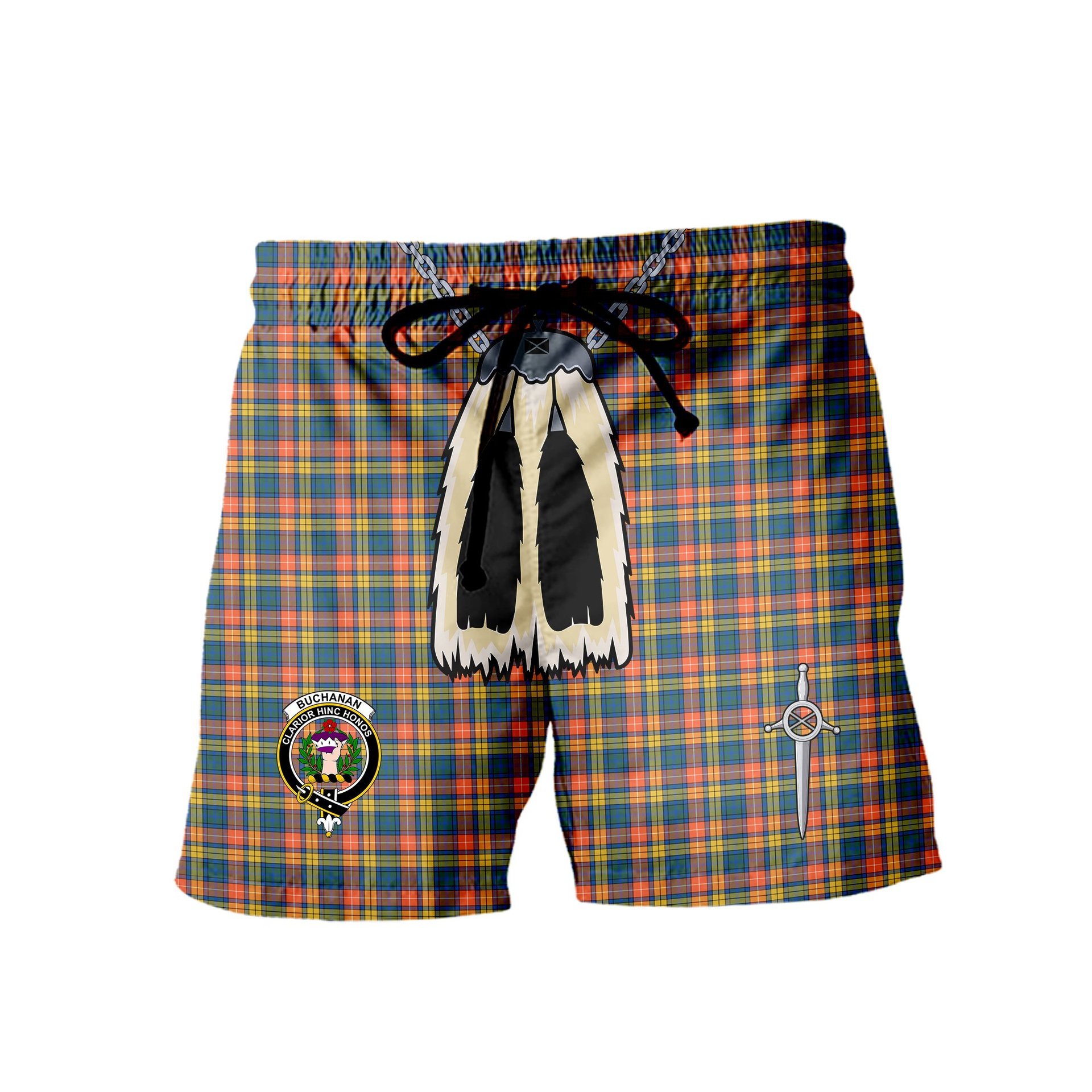 ScotsTee Shop Scottish Buchanan Ancient Clan Crest Men's Highland Kilt Sporran Tartan Shorts
